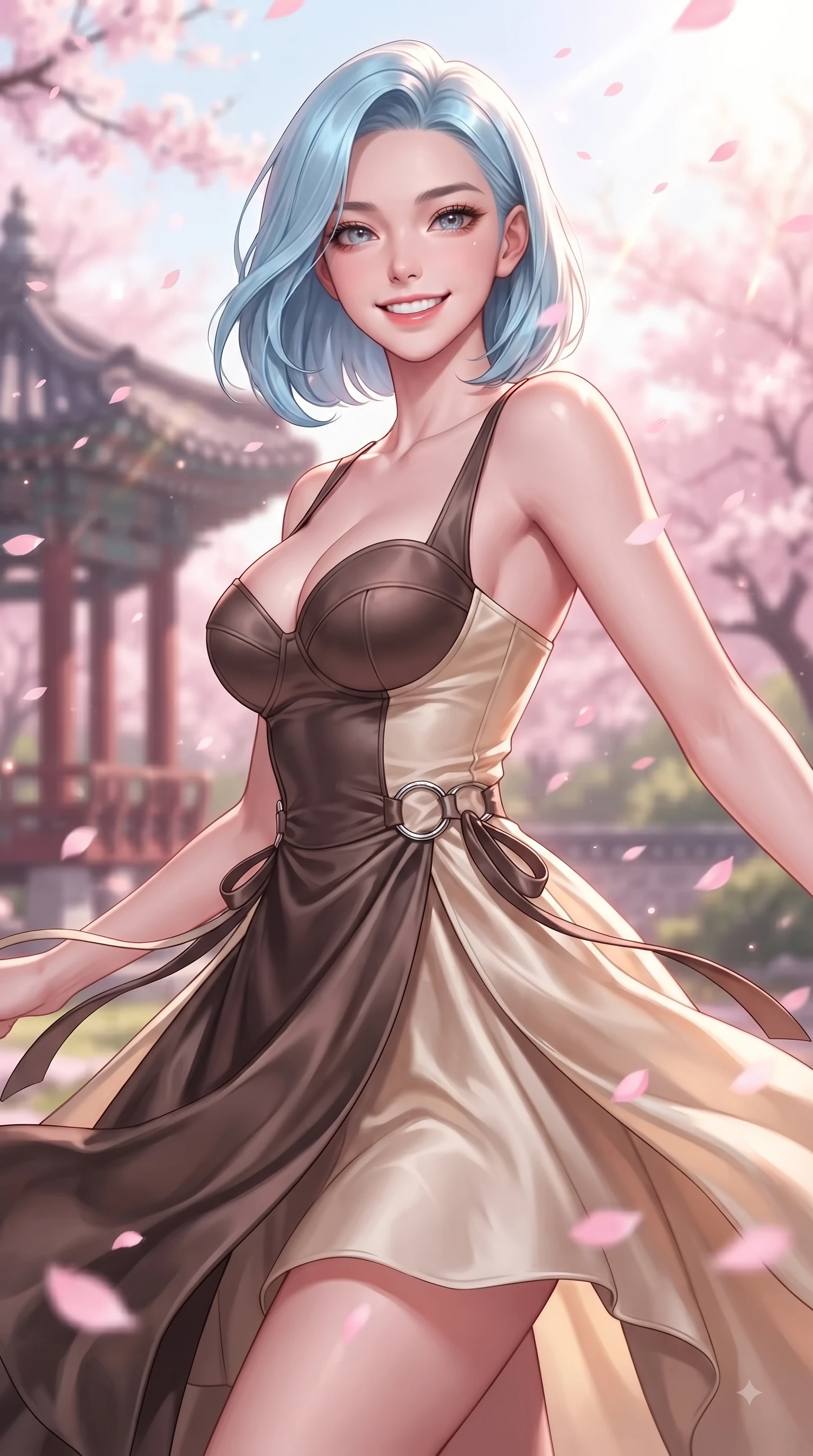 score_9, masterpiece, best quality, ultra-detailed, high-budget anime keyframe, editorial fashion photography, tasteful artistic composition, Korean woman. close-up cowboy shot from the waist and thighs up, the character dominates the composition, filling the frame with her large presence, background elements kept in soft focus. Youthful bright smile exuding pure cute charm and fresh energy, her torso turning dynamically into the lens while pivoting dynamically with a bright cute smile as pink sakura petals rain down like snow, bright spring sunbeams illuminating the scene in soft pastel pink and gold tones. She has an exceptionally elegant, slender, and willowy female figure with an ultra-slim waist, a gracefully sculpted slender torso, and a refined silhouette. sharp v-shaped jawline, high-bridge nose, intricate jewel-like eyes with depth, thick eyelashes, glossy lips with a natural sheen, flawlessly proportioned anatomical accuracy, natural body alignment, perfectly sculpted elegant limbs, clean dynamic posture without body distortion. wearing a modern fusion silk hanbok dress with a structured bodice and flowing skirt in espresso brown and warm cream, crafted from lustrous satin jersey with fluid draping, accented with delicate chrome ring hardware framing her waist, the form-contouring material highlighting her ultra-slim waist and long lines. illuminated by soft glowing pink ambient light and clear sky refractions. ultra-reflective glossy finish, specular highlights, metallic sheen, high-contrast stereoscopic depth, volumetric dynamic lighting, 2k, ultra detail, master piece, 9:16 ratio