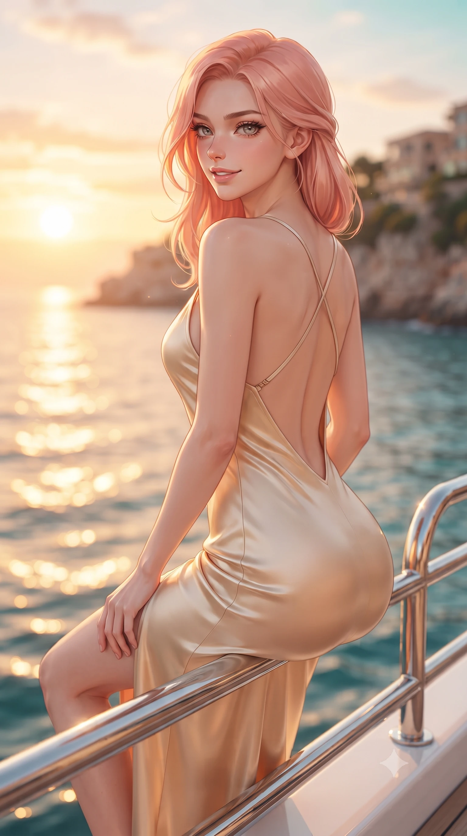 score_9, masterpiece, best quality, ultra-detailed, high-budget anime keyframe, editorial fashion photography, tasteful artistic composition, Japanese woman. close-up cowboy shot from the waist and thighs up, the character dominates the composition, filling the frame with her large presence. turning over a bare shoulder with an intoxicating, teasing smile, her soft hair framing her sharp jawline as her hips angle gracefully while perching on the chrome stern railing of a luxury superyacht with hips angled toward the sunset, looking back over her shoulder with an intoxicating smile. The composition keeps background elements in soft focus with creamy bokeh. glittering golden Mediterranean waves and distant coastal cliff villas blurred into molten amber, peach, and turquoise bokeh. She has an exceptionally elegant, slender, and willowy female figure with an ultra-slim waist, a gracefully sculpted slender torso, toned flat midriff, and rounded feminine hips creating an alluring hourglass silhouette. sharp v-shaped jawline, high-bridge nose, intricate jewel-like eyes with depth, thick eyelashes, glossy parted lips with a natural sheen, intensely captivating and seductive bedroom-eyes expression, flawlessly proportioned anatomical accuracy, strict slender model proportions, natural body alignment, perfectly sculpted long slender limbs, ultra-slim waistline, clean dynamic posture without body distortion. wearing a radiant champagne silk slip dress with an ultra-deep plunging back and delicate thin straps in warm amber honey and natural linen cream, made of flexible bio-polymer knit with second-skin elasticity, accented with criss-cross back straps highlighting her graceful bare spine, the second-skin form-contouring cut accentuating her sculpted flat midriff, narrow waistline, and dramatically curvy hips without adding bulk. illuminated by glowing specular sun glints defining her sculpted collarbones, ultra-slim waist, and curvy hips. ultra-reflective glossy finish, specular highlights, rich textural contrasts, high-contrast stereoscopic depth, volumetric dynamic lighting, 2k, ultra detail, master piece, 9:16 ratio