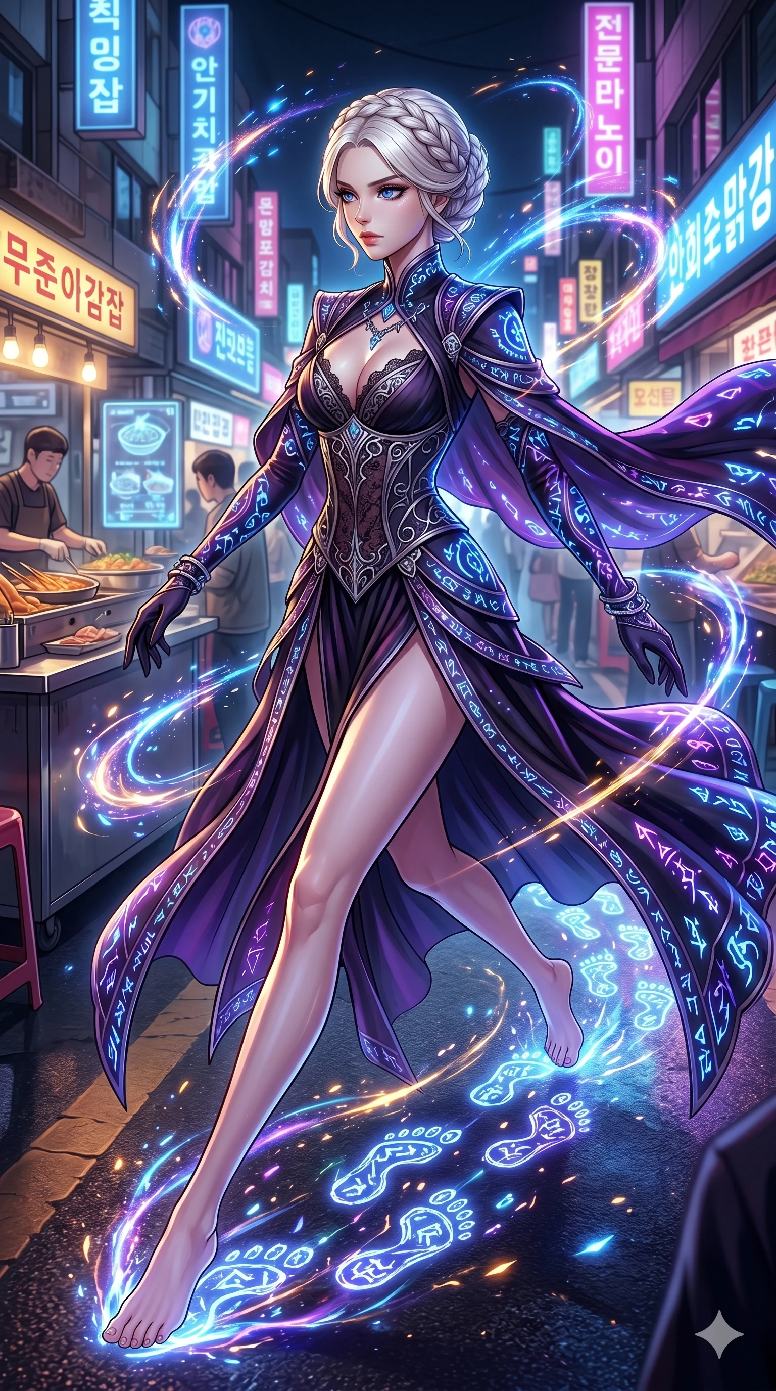 score_9, masterpiece, best quality, ultra-detailed, Set A: High-budget Anime Keyframe, Korean woman. Upper body close-up from the thighs up, character filling the screen for maximum presence. Sliding through a futuristic night market, as she leaves a trail of 278 glowing footprints and surrounded by glowing energy sparks. She has an absolutely perfect 8-heads proportion, an exceptionally tall and slender female figure with impossibly long slender legs and an ultra-slim waist. Sharp v-shaped jawline, high-bridge nose, intricate jewel-like eyes with depth, thick eyelashes, glossy lips with a natural sheen. Wearing Dark sorceress robes with glowing runes and a deep-cut lace corset. Cinematic lighting, vibrant colors, dramatic shadows, 2k, ultra detail, master piece, 9:16 ratio