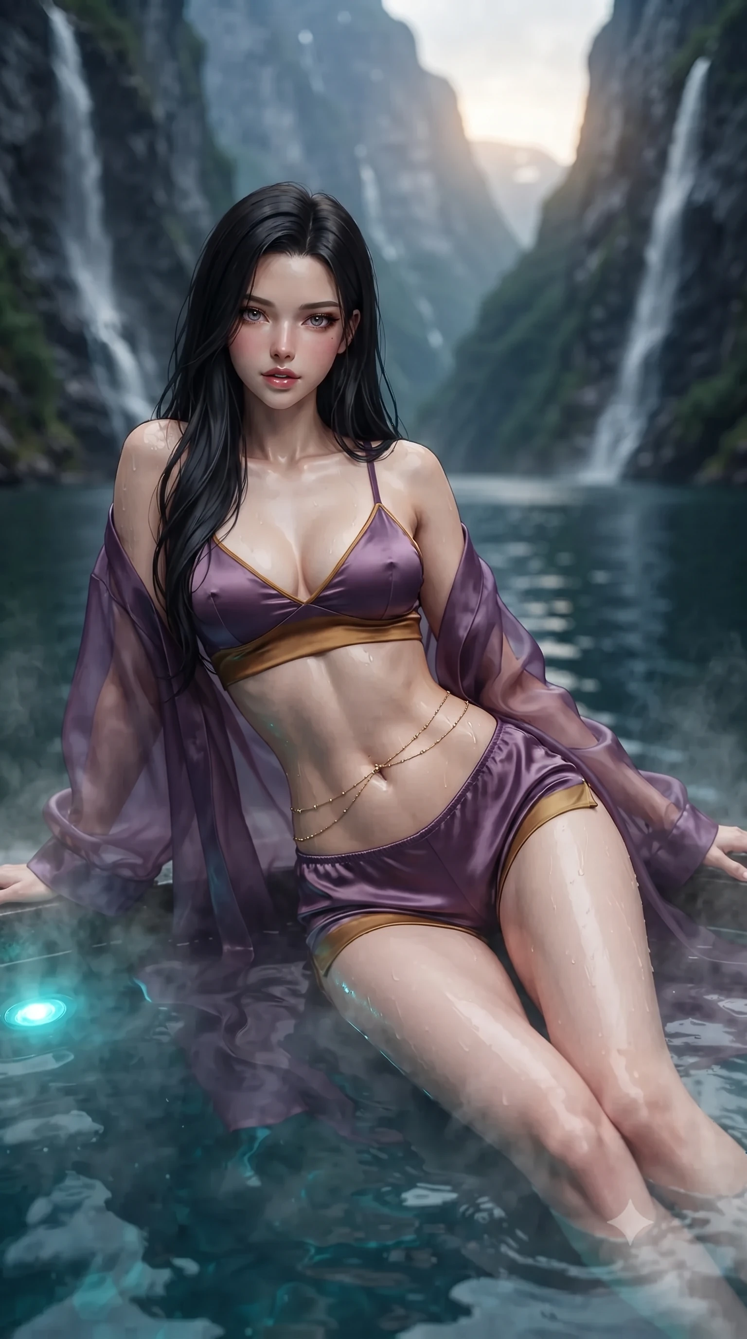 score_9, masterpiece, best quality, ultra-detailed, high-budget anime keyframe, editorial fashion photography, tasteful artistic composition, Korean woman. close-up cowboy shot from the waist and thighs up, the character dominates the composition, filling the frame with her large presence. leaning forward while arching her lower back to accentuate her curvy hips, looking into the camera with an intoxicating smoldering gaze and bedroom-eyes while lounging in the steaming tub water with legs extended, her statuesque 8.5-heads silhouette commanding the monumental fjord canyon. The background shows a soft-focus colossal vertical dark granite walls of Trollfjord towering into the sky, cascading silver waterfalls, and deep ink-blue water blurred into slate, emerald, and silver bokeh. She has an exceptionally elegant, slender, and willowy female figure with an ultra-slim waist, flat toned midriff, narrow ribcage, and sculpted feminine hips creating an alluring, slim hourglass silhouette without bulk. sharp v-shaped jawline, high-bridge nose, intricate jewel-like sparkling eyes with depth, thick eyelashes, glossy parted lips with a natural peach sheen, bright cheerful beaming smile with an enchanting and coquettish sensual glint, exuding both youthful cute charm and seductive allure, flawlessly proportioned anatomical accuracy, strict slender model proportions, natural body alignment, perfectly sculpted long slender limbs, ultra-slim waistline, clean dynamic posture without body distortion. wearing a sheer silk organza modern caftan robe worn loose and slipping off bare shoulders over a matching satin bralette and micro-shorts in Scottish Highlands heather thistle purple and antique hearth ember gold, made of fluid liquid jersey with seamless sculpting hold and smooth contours, accented with a dainty gold belly chain resting across her flat midriff and curving hips, the second-skin tailored fabric adhering flawlessly to her sculpted flat midriff and slender torso, emphasizing her long leg lines and perfectly proportioned willowy build. bathed in underwater pool turquoise LEDs combined with golden late-evening sun filtering between narrow mountain gaps. ultra-reflective glossy finish, specular highlights, rich textural contrasts, high-contrast stereoscopic depth, volumetric dynamic lighting, 2k, ultra detail, master piece, 9:16 ratio