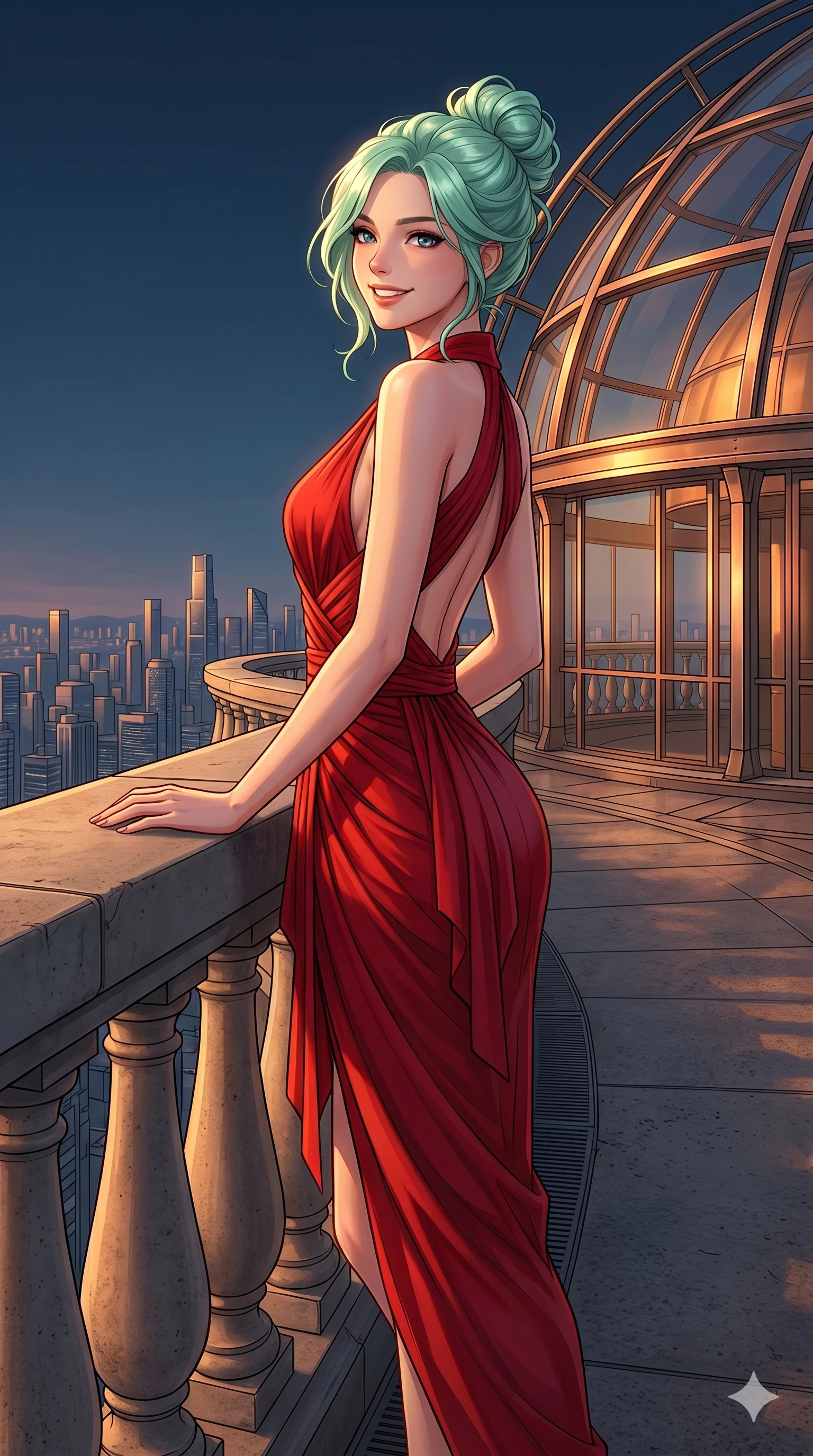 score_9, masterpiece, best quality, ultra-detailed, high-budget anime keyframe, editorial fashion photography, tasteful artistic composition, Japanese woman. cowboy shot from the thighs up, character and outfit filling the frame for maximum editorial presence. looking back over her shoulder with a bright, confident smile leaning on a concrete balustrade of a high-tech observatory dome. She has an absolutely perfect 8-heads proportion, an exceptionally tall and slender female figure with impossibly long slender legs and an ultra-slim waist. V-shaped jawline, high-bridge nose, intricate jewel-like eyes with depth, thick eyelashes, glossy lips with a natural sheen. wearing a red wrap dress with a deep plunging collar and an open-back design. bathed in warm golden hour light, with the metal dome glowing in the background. 2k, ultra detail, master piece, 9:16 ratio