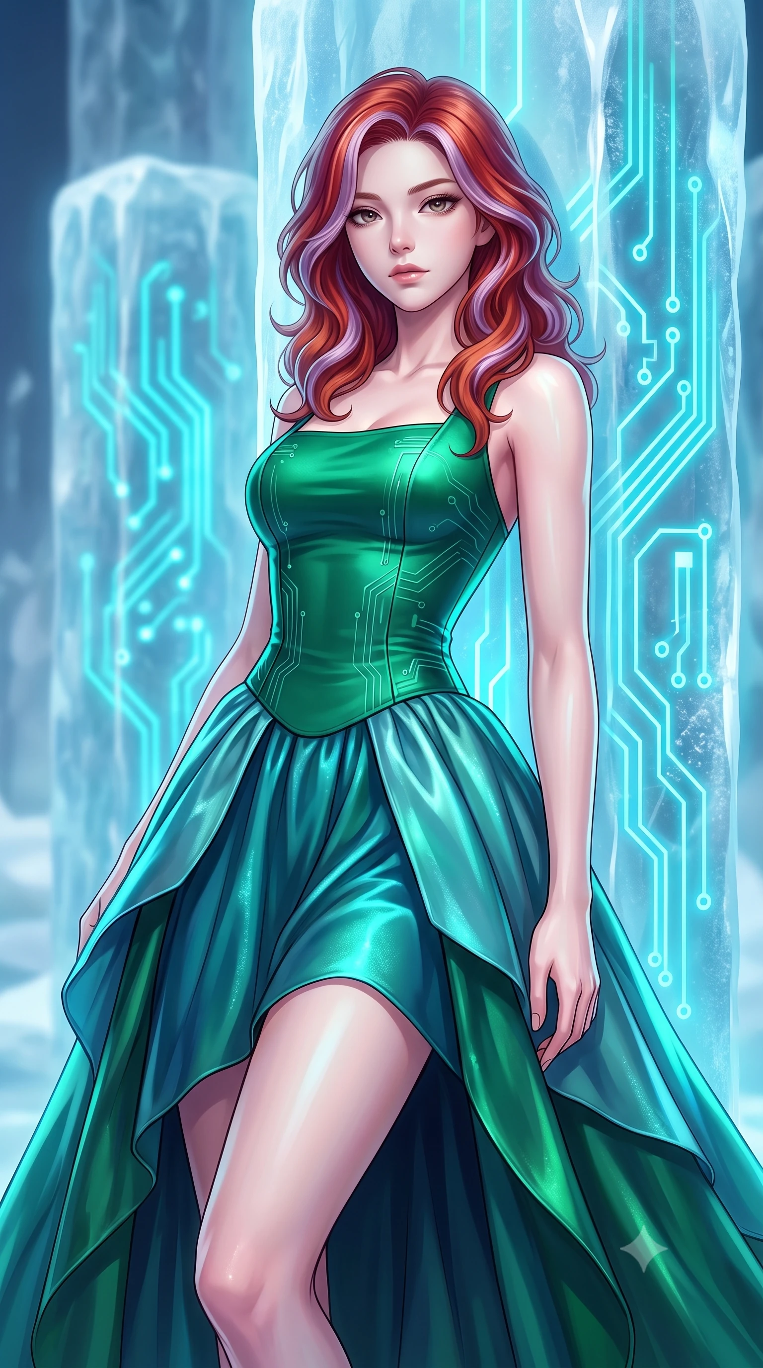 score_9, masterpiece, best quality, ultra-detailed, high-budget anime keyframe, editorial fashion photography, tasteful artistic composition, Caucasian woman woman. close-up cowboy shot from the waist and thighs up, the character dominates the composition, filling the frame with her large presence, background elements kept in soft focus. She has an exceptionally elegant, slender, and willowy female figure with an ultra-slim waist, a gracefully sculpted slender torso, and a refined silhouette. leaning back effortlessly against the surrounding architecture with an air of magnetic superiority, flawlessly proportioned anatomical accuracy, natural body alignment, perfectly sculpted elegant limbs, clean dynamic posture without body distortion. set against a soft-focus background of frozen ice columns embedded with pulsing neon circuit boards. wearing a modern fusion silk hanbok dress with a structured emerald bodice and flowing layered skirt. bathed in glowing cyan light radiating from sub-zero circuit runes with cool ambient backdrops. highly saturated vibrant anime colors, detailed shading with soft gradients, rich glossy textures, high-contrast stereoscopic depth, volumetric dynamic lighting, master piece, 9:16 ratio