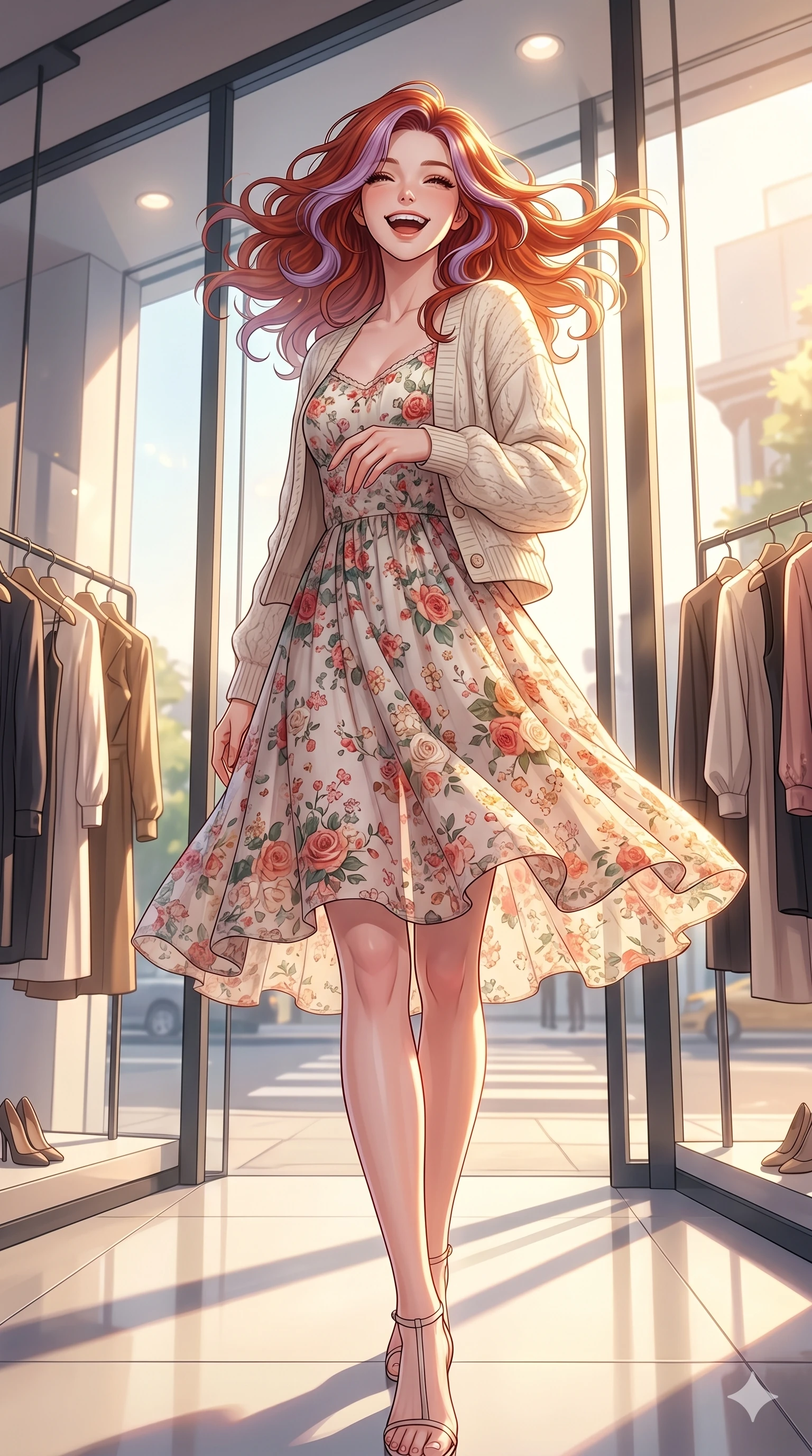 score_9, masterpiece, best quality, ultra-detailed, high-budget anime keyframe, vibrant anime aesthetic, Caucasian woman, strictly human ears. low angle full-body shot from head to toe showing her feet, filling the entire 9:16 vertical frame with her statuesque presence, stretching her vertical silhouette. She is laughing cheerfully while tossing her hair, her eyes glowing with happiness standing in a modern high-fashion boutique with large glass windows letting in golden sunlight (Code-P20-003). She has an absolutely perfect 8-heads proportion, an exceptionally tall and slender female figure with impossibly long slender legs and an ultra-slim waist. V-shaped jawline, high-bridge nose, intricate jewel-like eyes with depth, thick eyelashes, glossy lips with a natural sheen. wearing a floral print chiffon midi dress with a cream-colored knit cardigan. She is bathed in soft, radiant golden hour sun casting long, elegant shadows around her. 2k, ultra detail, master piece, 9:16 ratio