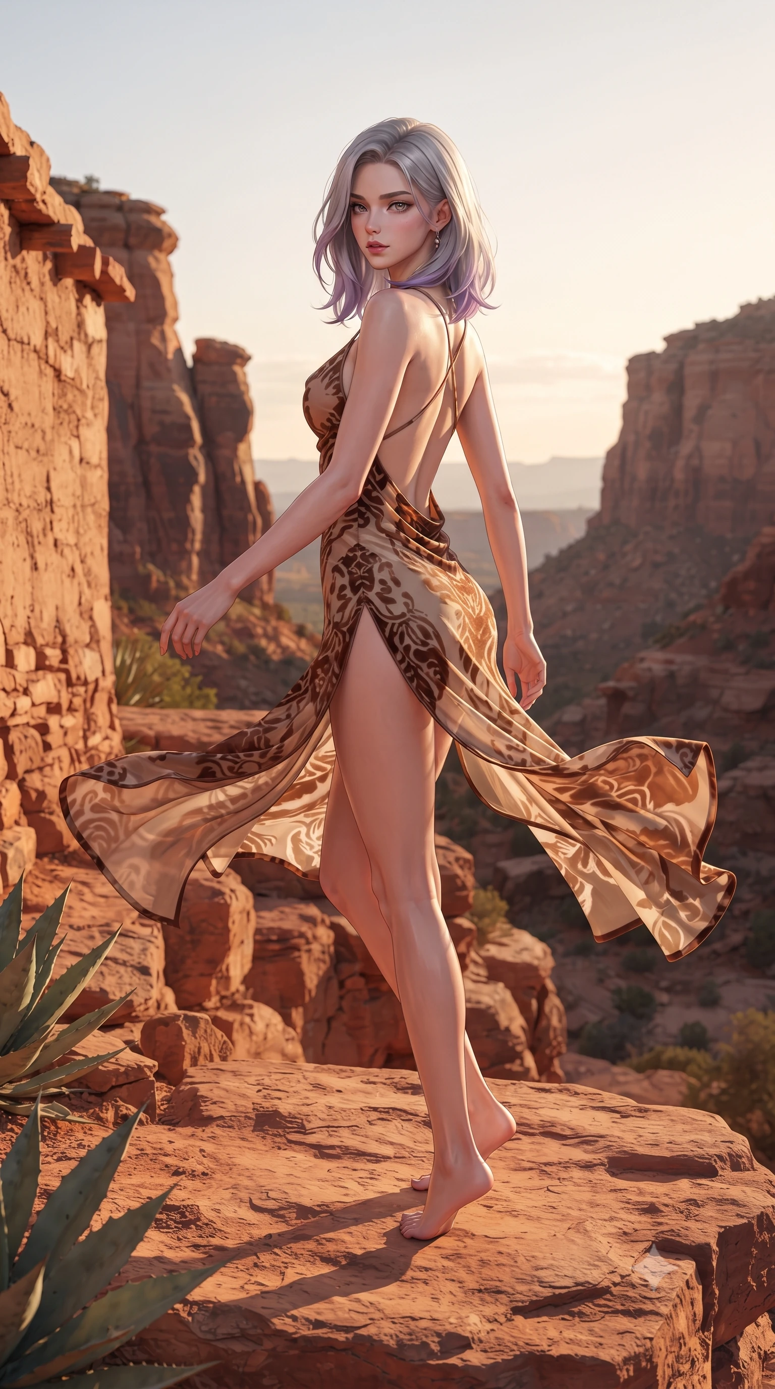 score_9, masterpiece, best quality, ultra-detailed, high-budget anime keyframe, editorial fashion photography, tasteful artistic composition, Caucasian woman. low angle full-body shot from head to toe showing her feet, filling the entire 9:16 vertical frame with her statuesque presence, stretching her vertical silhouette. executing an elegant mid-motion pivot turn as garments swirl around her slender limbs, glancing over her shoulder with an intoxicating bedroom-gaze while standing poised on the canyon overlook rock ledge, the desert sunset wind fluttering her sheer wrap to reveal her long legs and narrow waist. The surrounding environment is rendered in vivid detail and crisp panoramic clarity. sharp weathered red sandstone strata, smooth adobe wall textures, and desert succulent leaves in deep focus. She has an exceptionally tall and slender model-like 8.5-heads proportion, an ultra-slim waist, a flat toned midriff, narrow delicate ribcage, and beautifully sculpted feminine hips creating a graceful, slim hourglass silhouette without any bulky heaviness, with impossibly long slender legs. sharp v-shaped jawline, high-bridge nose, intricate jewel-like eyes with depth, thick eyelashes, glossy parted lips with a natural sheen, intensely captivating and seductive bedroom-eyes expression, flawlessly proportioned anatomical accuracy, strict slender model proportions, natural body alignment, perfectly sculpted long slender limbs, ultra-slim waistline, clean dynamic posture without body distortion. wearing a backless cowl-neck satin slip dress featuring high-cut side hip slits and delicate criss-cross back straps in rich equestrian cognac brown and crisp champagne cream, made of sheer contouring power-mesh with velvet flocking patterns, featuring an open-back criss-cross harness strap in dark leather, the precision-cut side openings and low-back scoop framing her graceful spine and the sensual sweep of her slim, toned hips. illuminated by wet specular pool highlights accentuating her slender neckline, sculpted waist, and rounded hips. ultra-reflective glossy finish, specular highlights, rich textural contrasts, high-contrast stereoscopic depth, volumetric dynamic lighting, 2k, ultra detail, master piece, 9:16 ratio