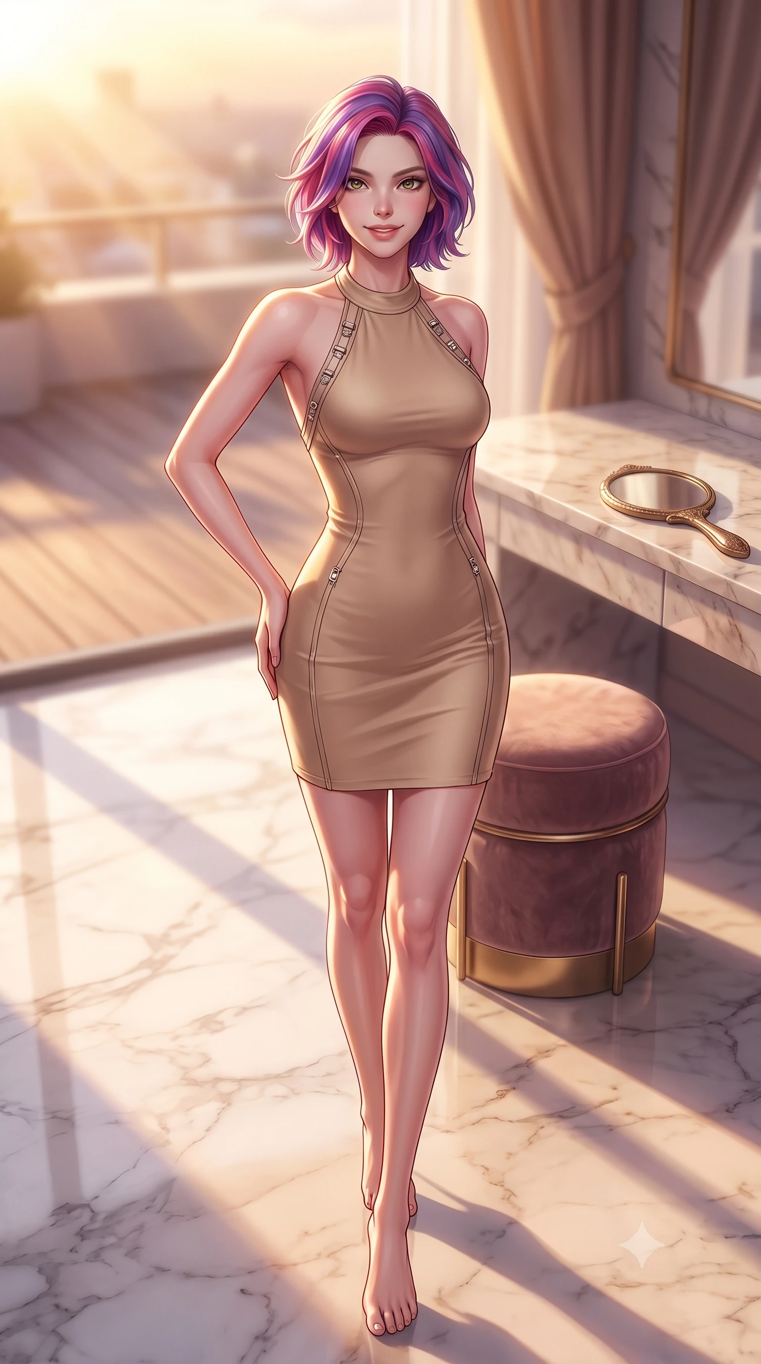 score_9, masterpiece, best quality, ultra-detailed, high-budget anime keyframe, editorial fashion photography, tasteful artistic composition, Caucasian woman. low angle full-body shot from head to toe showing her feet, filling the entire 9:16 vertical frame with her statuesque presence, stretching her vertical silhouette. standing in a captivating power pose with her back slightly arched, resting one hand near her hip with a magnetic smile set against a soft-focus background of inside an exclusive rooftop terrace with a velvet-wrapped stool and an antique hand mirror resting on a marble counter. She has an absolutely perfect, statuesque 8.5-heads proportion, an exceptionally tall and slender model-like female figure with impossibly long slender legs and an ultra-slim waist. sharp v-shaped jawline, high-bridge nose, intricate jewel-like eyes with depth, thick eyelashes, glossy lips with a natural sheen. wearing body-hugging warm beige matte silk form-contouring cashmere halter dress tracing her statuesque physique accented with delicate silver hardware. bathed in warm golden hour sunbeams that cast long, romantic shadows across the floor. highly saturated vibrant anime colors, detailed shading with soft gradients, rich glossy textures, high-contrast stereoscopic depth, volumetric dynamic lighting, master piece, 9:16 ratio
