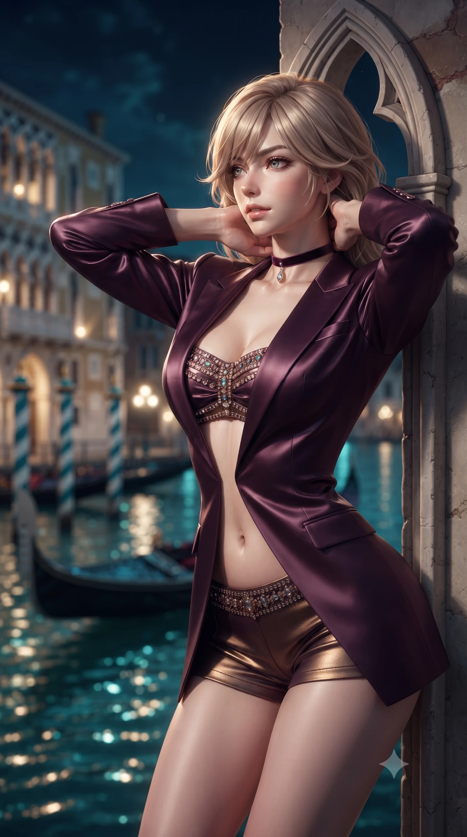 score_9, masterpiece, best quality, ultra-detailed, high-budget anime keyframe, editorial fashion photography, tasteful artistic composition, Japanese woman. close-up cowboy shot from the waist and thighs up, the character dominates the composition, filling the frame with her large presence. resting both hands lightly behind her neck with elbows raised, arching her spine to highlight her narrow waist, flat midriff, and breathtaking collarbones while leaning against the gothic pointed-arch stone portal with hips cocked back, looking over a bare shoulder toward passing gondolas. The background shows a soft-focus the dark glittering waters of the Grand Canal, illuminated baroque palazzo facades across the water, and striped mooring poles blurred into turquoise, gold, and sapphire bokeh. She has an exceptionally elegant, slender, and willowy female figure with an ultra-slim waist, flat toned midriff, narrow ribcage, and sculpted feminine hips creating an alluring, slim hourglass silhouette without bulk. sharp v-shaped jawline, high-bridge nose, sparkling eyes with hypnotic seductive depth, thick curled eyelashes, glossy parted lips with a natural dewy peach sheen, alluring bedroom-eyes with an enchanting coquettish smile, exuding magnetic siren charisma and sophisticated glamour, flawlessly proportioned anatomical accuracy, strict slender model proportions, natural body alignment, perfectly sculpted long slender limbs, ultra-slim waistline, clean dynamic posture without body distortion. wearing a tailored open-front satin smoking jacket worn over a jewel-embellished bandeau and micro-shorts in rich dark plum violet and gilded bronze, woven from buttery-soft stretch lambskin leather adhering to her body like a second skin, finished with a thin velvet ribbon choker and a single teardrop diamond pendant, the high-slit wrap tailoring accentuating her ultra-slim waistline and the enchanting curve of her feminine hips with alluring seductive charm. illuminated by canal water specular bounce and sharp platinum-gold rim lights defining her delicate clavicles, narrow waist, and curvy hips. ultra-reflective glossy finish, specular highlights, rich textural contrasts, high-contrast stereoscopic depth, volumetric dynamic lighting, 2k, ultra detail, master piece, 9:16 ratio