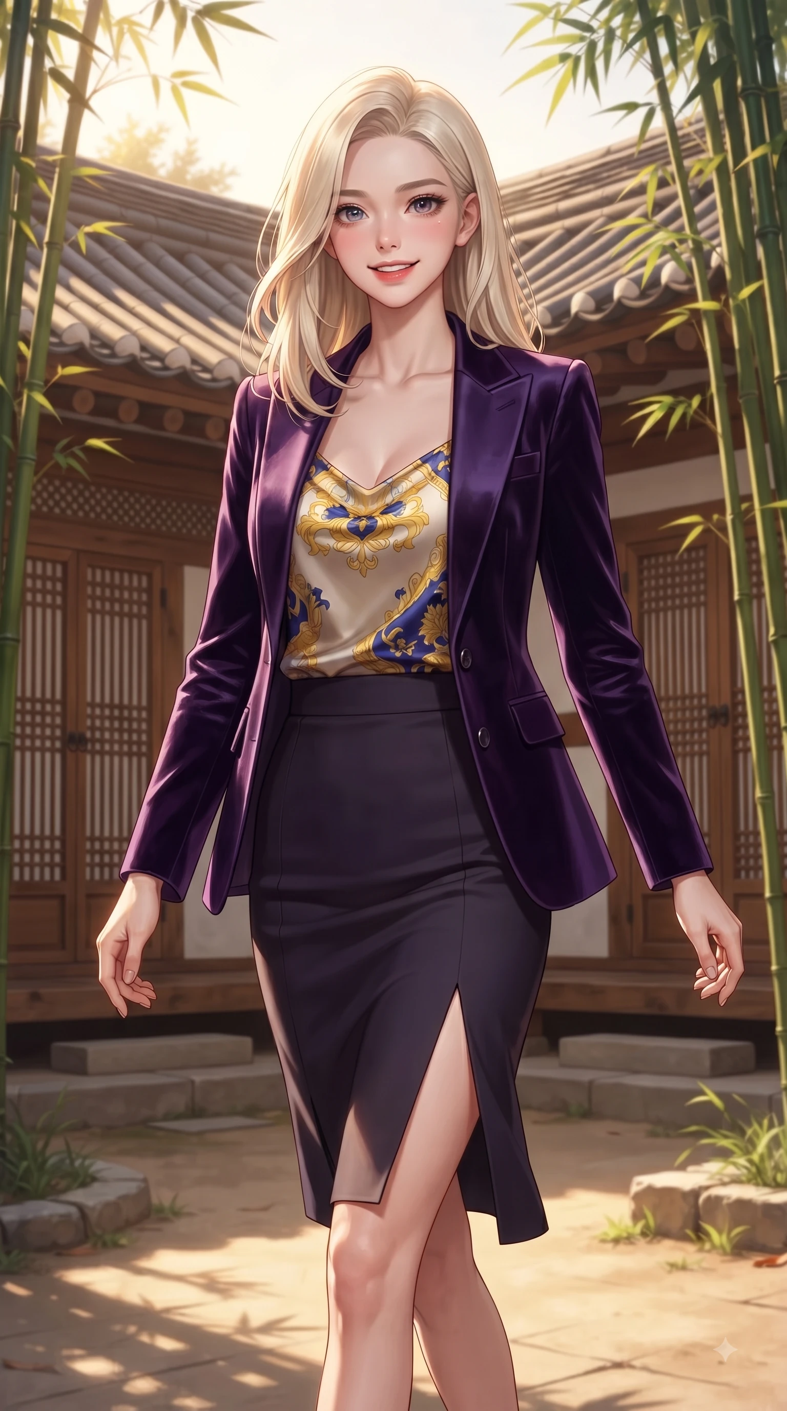score_9, masterpiece, best quality, ultra-detailed, high-budget anime keyframe, editorial fashion photography, tasteful artistic composition, Caucasian woman. close-up cowboy shot from the waist and thighs up, the character dominates the composition, filling the frame with her large presence. Youthful cheerful smile exuding cute playful charm and radiant sparkle in her eyes while stepping gracefully through a sunlit Hanok courtyard surrounded by tall green bamboo stalks. The surrounding environment is rendered in vivid detail and crisp panoramic clarity. traditional Hanok clay roof tiles, intricate wooden lattice doors, and green bamboo stalks in crisp clarity. She has an exceptionally elegant, slender, and willowy female figure with an ultra-slim waist, a gracefully sculpted slender torso, and a refined silhouette. sharp v-shaped jawline, high-bridge nose, intricate jewel-like eyes with depth, thick eyelashes, glossy lips with a natural sheen, flawlessly proportioned anatomical accuracy, natural body alignment, perfectly sculpted elegant limbs, clean dynamic posture without body distortion. wearing a deep amethyst purple velvet blazer over a silky champagne camisole in sunflower yellow and royal navy blue, tailored from structured wool crepe with clean lines, finished with a sleek side slit ascending to mid-thigh, the sleek second-skin fit accentuating her magnetic presence. surrounded by a serene, elegant, and heritage fashion editorial aura. ultra-reflective glossy finish, specular highlights, metallic sheen, high-contrast stereoscopic depth, volumetric dynamic lighting, 2k, ultra detail, master piece, 9:16 ratio