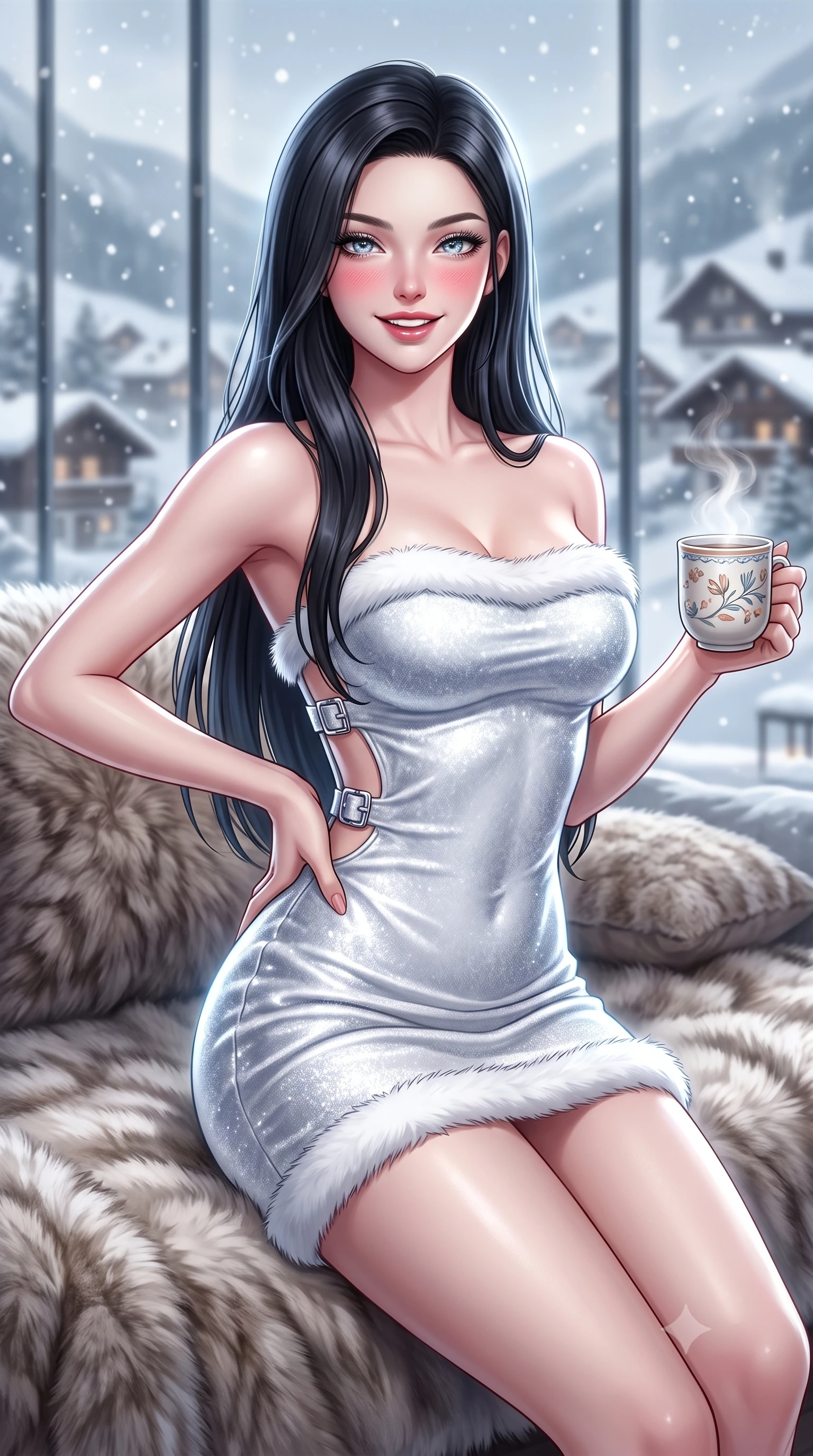 score_9, masterpiece, best quality, ultra-detailed, high-budget anime keyframe, semi-realistic 3D game render, editorial fashion photography, tasteful artistic composition, Korean woman. close-up cowboy shot from the waist and thighs up, the character dominates the composition, filling the frame with her large presence. twisting her slender torso in an alluring contrapposto stance, one hand resting on her sculpted hip while holding a steaming mug with effortless poise while lounging across an oversized plush daybed propped on one elbow, her flat midriff and long slender limbs radiating warm alpine luxury. The composition keeps background elements in soft focus with dreamy creamy bokeh. falling snowflakes outside towering architectural glass walls and snow-covered Swiss village chalets blurred into charcoal, silver, and gold bokeh. She has an exceptionally elegant, slender, and willowy female figure with an ultra-slim waist, flat toned midriff, narrow ribcage, and sculpted feminine hips creating an alluring, slim hourglass silhouette without bulk. sharp v-shaped jawline, high-bridge nose, sparkling ice-crystal eyes with depth, frosty thick lashes, glossy parted lips with a rosy berry sheen, bright playful smile with an intoxicating seductive glint, rosy flushed cheeks radiating cozy warmth and dangerous allure, flawlessly proportioned anatomical accuracy, strict slender model proportions, natural body alignment, perfectly sculpted long slender limbs, ultra-slim waistline, clean dynamic posture without body distortion. wearing a strapless velvet mini dress with white faux-fur trim along the neckline and hemline in pure snowflake white and icy silver shimmer, tailored from plush brushed mohair with delicate fuzzy halo texture, accented with sculptural chrome hardware buckles framing the subtle cutouts, the precision-cut side openings and low-back scoop framing her graceful spine and the sensual sweep of her slim, toned hips. illuminated by pool caustic reflections and sharp platinum rim lights carving her razor-sharp jawline, narrow waist, and curvy hips. highly saturated vibrant anime colors, detailed shading with soft gradients, rich glossy textures, high-contrast stereoscopic depth, volumetric dynamic lighting, master piece, 9:16 ratio