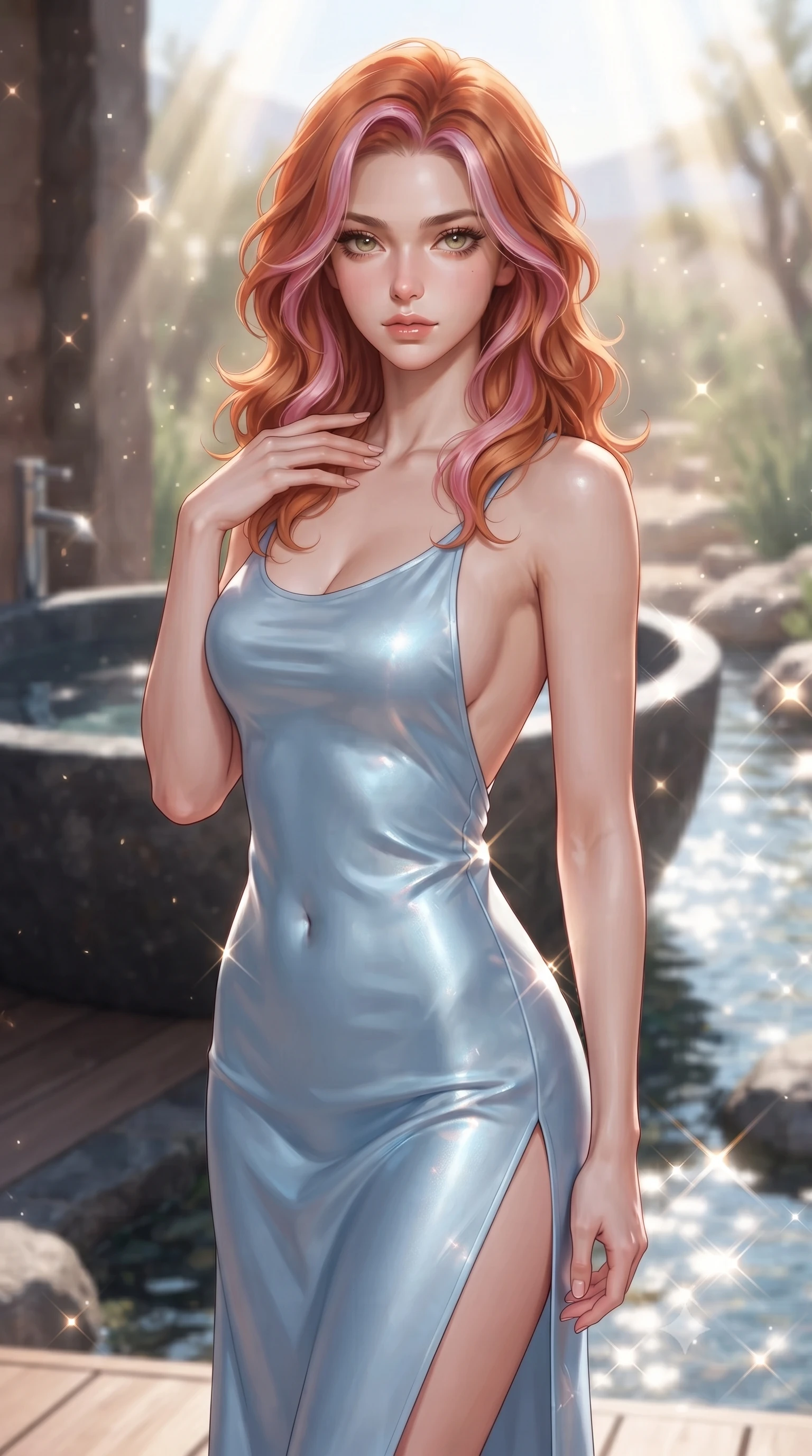 score_9, masterpiece, best quality, ultra-detailed, high-budget anime keyframe, editorial fashion photography, tasteful artistic composition, Caucasian woman. close-up cowboy shot from the waist and thighs up, the character dominates the composition, filling the frame with her large presence, background elements kept in soft focus. standing with one hand resting on her collarbone, looking at the viewer with bedroom-eyes the background shows a soft-focus a stone bath tub on a private deck overlooking a quiet desert oasis stream. She has an exceptionally elegant, slender, and willowy female figure with an ultra-slim waist, a gracefully sculpted slender torso, and a refined silhouette. sharp v-shaped jawline, high-bridge nose, intricate jewel-like eyes with depth, thick eyelashes, glossy lips with a natural sheen. wearing a body-hugging lightweight silk slip dress in baby blue with a high side slit and a low-cut back. bright morning sun rays creating sparkling glints on the water and her form. ultra-reflective glossy finish, specular highlights, metallic sheen, high-contrast stereoscopic depth, volumetric dynamic lighting, 2k, ultra detail, master piece, 9:16 ratio