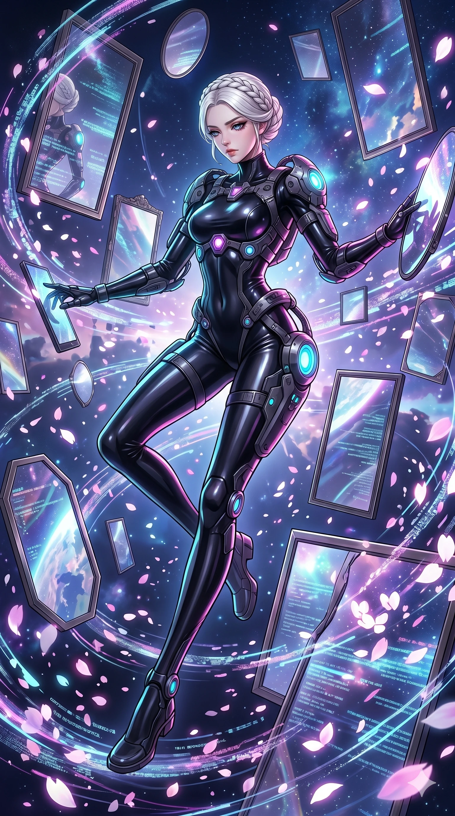 score_9, masterpiece, best quality, ultra-detailed, Set A: High-budget Anime Keyframe, Korean woman. Low angle cowboy shot filling the entire 9:16 frame with her statuesque presence. Floating through a dimension of floating mirrors, as gravity fails and everything around her floats in state 86 and surrounded by digital sakura petals. She has an absolutely perfect 8-heads proportion, an exceptionally tall and slender female figure with impossibly long slender legs and an ultra-slim waist. Sharp v-shaped jawline, high-bridge nose, intricate jewel-like eyes with depth, thick eyelashes, glossy lips with a natural sheen. Wearing Cybernetic exoskeleton frame over a sleek skin-tight latex suit with glowing ports. Cinematic lighting, vibrant colors, dramatic shadows, 2k, ultra detail, master piece, 9:16 ratio