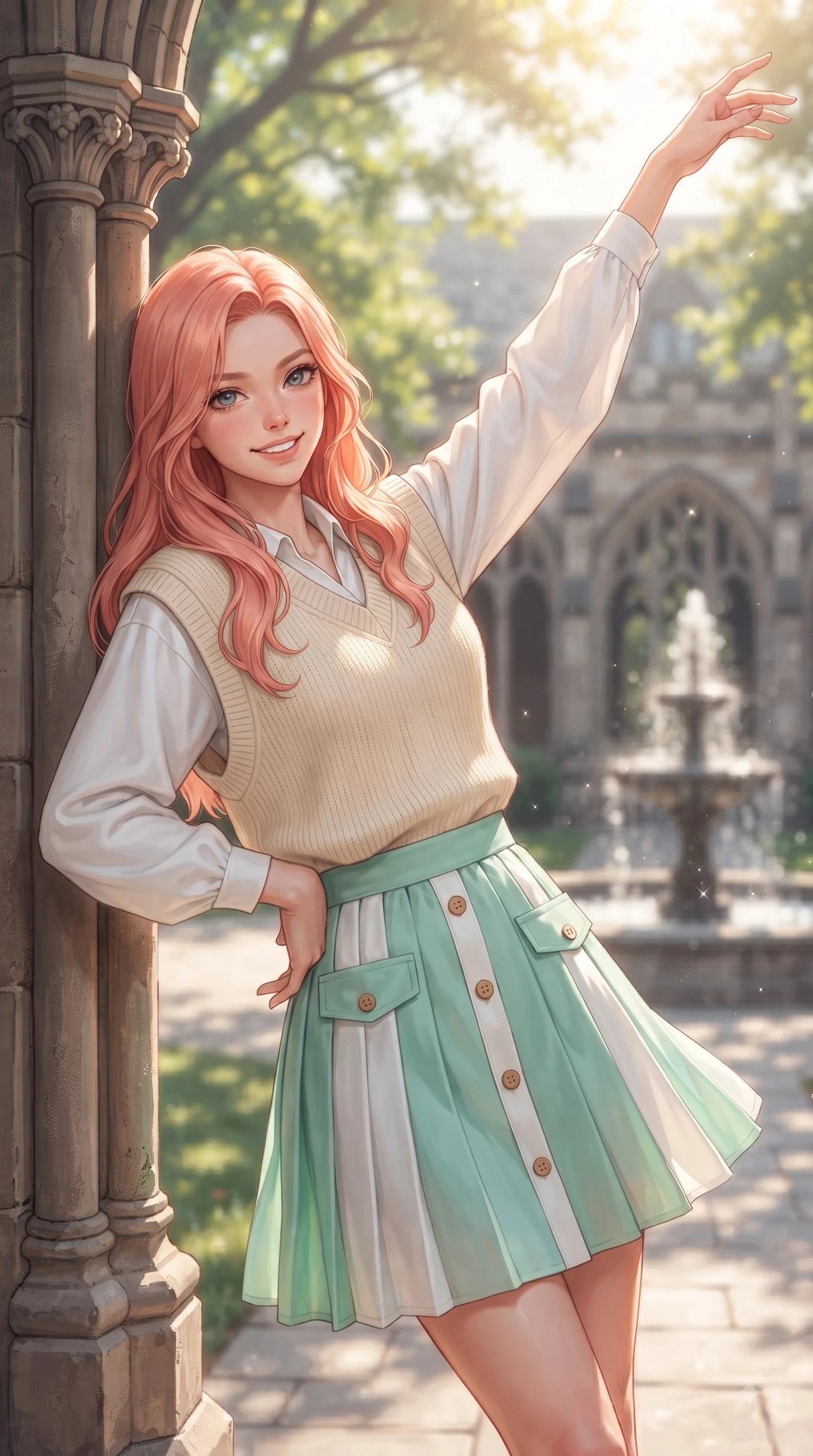 score_9, masterpiece, best quality, ultra-detailed, high-budget anime keyframe, editorial fashion photography, tasteful artistic composition, Japanese woman. close-up cowboy shot from the waist and thighs up, the character dominates the composition, filling the frame with her large presence. Extending one arm in an elegant stretch toward the light while smiling with vibrant, youthful self-assurance while leaning against an antique stone column in a sun-drenched university quadrangle with a sweet grin. The composition keeps background elements in soft focus with dreamy bokeh. gothic campus arches and sparkling fountain waters softened in a gentle background haze. She has an exceptionally elegant, slender, and willowy female figure with an ultra-slim waist, a gracefully sculpted slender torso, and a refined silhouette. sharp v-shaped jawline, high-bridge nose, intricate jewel-like eyes with depth, thick eyelashes, glossy lips with a natural sheen, flawlessly proportioned anatomical accuracy, natural body alignment, perfectly sculpted elegant limbs, clean dynamic posture without body distortion. wearing a vintage oversized knit sweater vest layered over a crisp white long-sleeve blouse and pleated skirt in refreshing mint green and crisp white, made of fine lightweight chiffon that flutters gently in the breeze, finished with neat front wooden buttons and pocket details, the chic real-way fashion cut emphasizing her effortless charm. bathed in brilliant sunny morning light filtering through tree canopies. ultra-reflective glossy finish, specular highlights, metallic sheen, high-contrast stereoscopic depth, volumetric dynamic lighting, 2k, ultra detail, master piece, 9:16 ratio