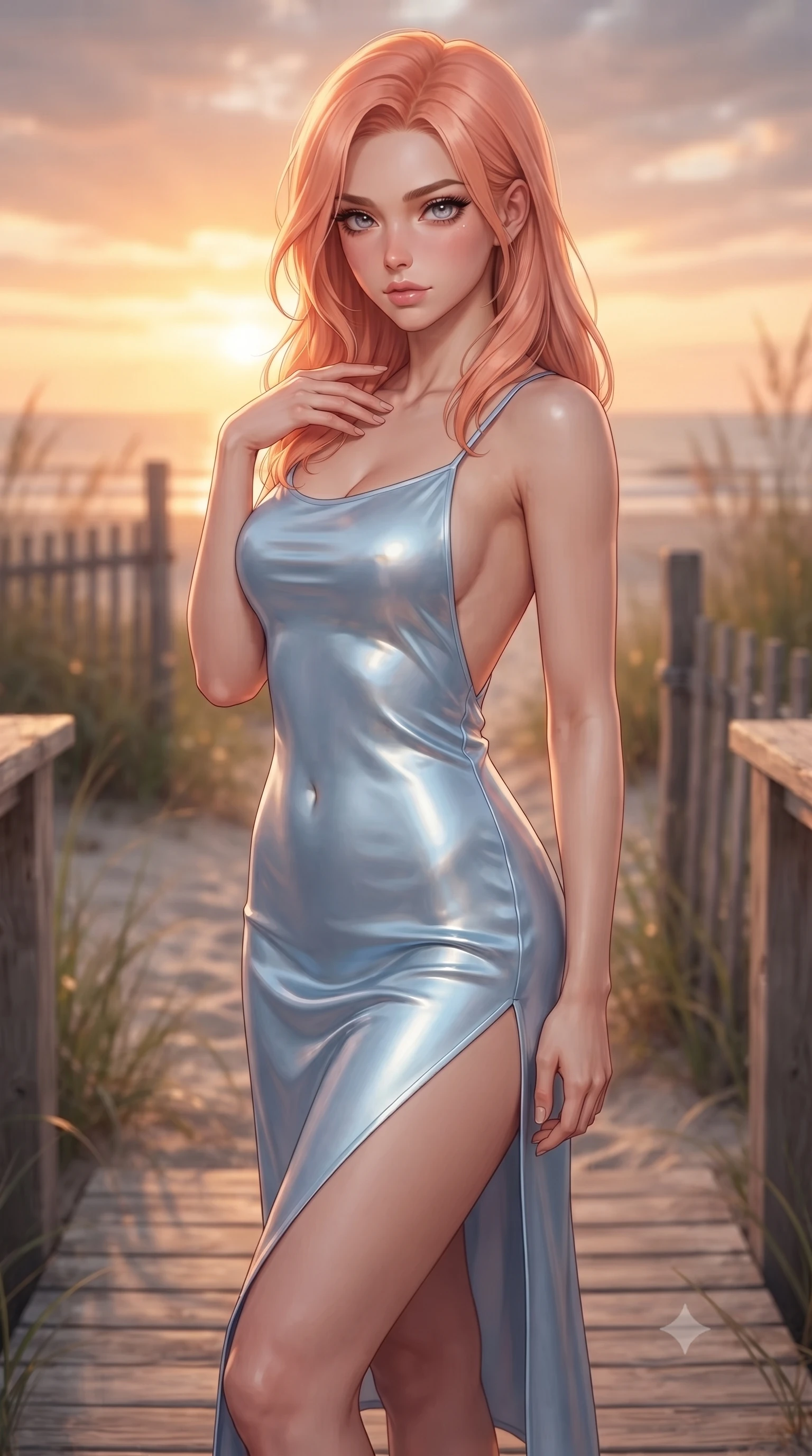 score_9, masterpiece, best quality, ultra-detailed, high-budget anime keyframe, editorial fashion photography, tasteful artistic composition, Japanese woman woman. close-up cowboy shot from the waist and thighs up, the character dominates the composition, filling the frame with her large presence, background elements kept in soft focus. standing with one hand resting on her collarbone, looking at the viewer with bedroom-eyes the background shows a soft-focus a cozy wooden deck of a beachside cottage, surrounded by beachgrass and wooden fences. She has an exceptionally elegant, slender, and willowy female figure with an ultra-slim waist, a gracefully sculpted slender torso, and a refined silhouette. sharp v-shaped jawline, high-bridge nose, intricate jewel-like eyes with depth, thick eyelashes, glossy lips with a natural sheen. wearing a slim-fit lightweight silk slip dress in baby blue with a high side slit and a low-cut back. warm sunset light casting a peaceful, cozy orange wash on her figure. ultra-reflective glossy finish, specular highlights, metallic sheen, high-contrast stereoscopic depth, volumetric dynamic lighting, 2k, ultra detail, master piece, 9:16 ratio