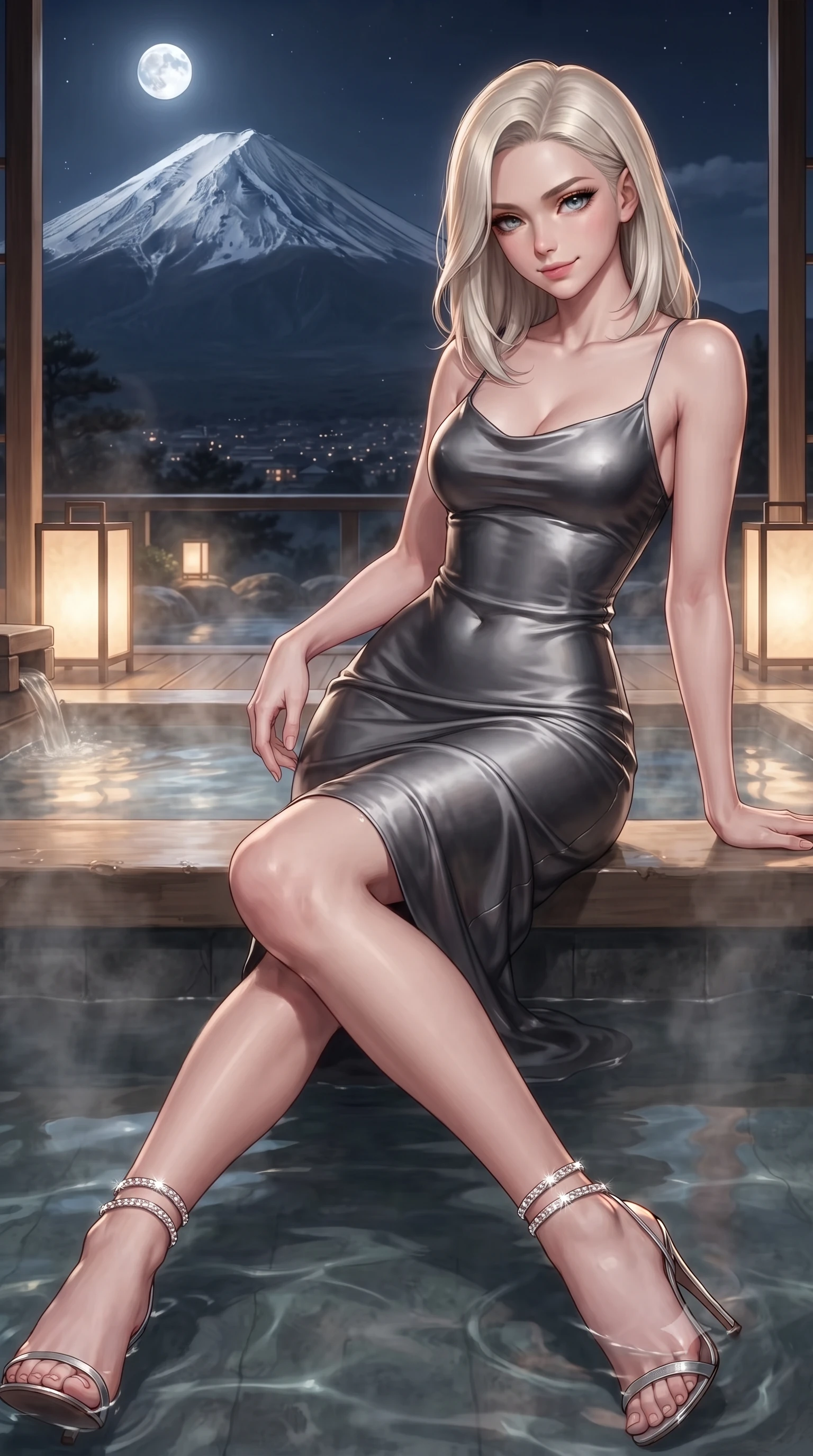 score_9, masterpiece, best quality, ultra-detailed, high-budget anime keyframe, editorial fashion photography, tasteful artistic composition, Caucasian woman. close-up cowboy shot from the waist and thighs up, the character dominates the composition, filling the frame with her large presence. tilting her head with a teasing half-smile, running one hand slowly down the side of her hip in a flirtatious S-curve as ambient light caresses her silhouette while lounging in the steaming onsen bath with water lapping at her waist and legs extended, displaying her long slender limbs and statuesque hourglass silhouette against Fuji-san. The surrounding environment is rendered in vivid detail and crisp panoramic clarity: detailed garment lines, wet cling or bodycon fit, and artisanal Japanese woodwork in razor-sharp precision. She has an exceptionally elegant, slender, and willowy female figure with an ultra-slim waist, flat toned midriff, narrow ribcage, and sculpted feminine hips creating an alluring, slim hourglass silhouette without bulk. sharp v-shaped jawline, high-bridge nose, intricate jewel-like sparkling eyes with depth, thick eyelashes, glossy parted lips with a natural peach sheen, bright cheerful beaming smile with an enchanting and coquettish sensual glint, exuding both youthful cute charm and seductive allure, flawlessly proportioned anatomical accuracy, strict slender model proportions, natural body alignment, perfectly sculpted long slender limbs, ultra-slim waistline, clean dynamic posture without body distortion. wearing a liquid platinum satin bias-cut slip dress clinging seamlessly over her sculpted flat midriff and feminine hips in Vik black sand obsidian and glacier crystal silver, crafted from bespoke double-faced cashmere with an exceptionally soft tactile finish, complemented by strappy stiletto sandals with crystal ankle wraps accentuating her slender calves, the impeccably tailored cut draping gracefully along her slender figure with aristocratic poise. bathed in the warm 2500K glow of Japanese washi paper floor lanterns mixed with crisp silver moonlight on Mount Fuji's snows. ultra-reflective glossy finish, specular highlights, rich textural contrasts, high-contrast stereoscopic depth, volumetric dynamic lighting, 2k, ultra detail, master piece, 9:16 ratio