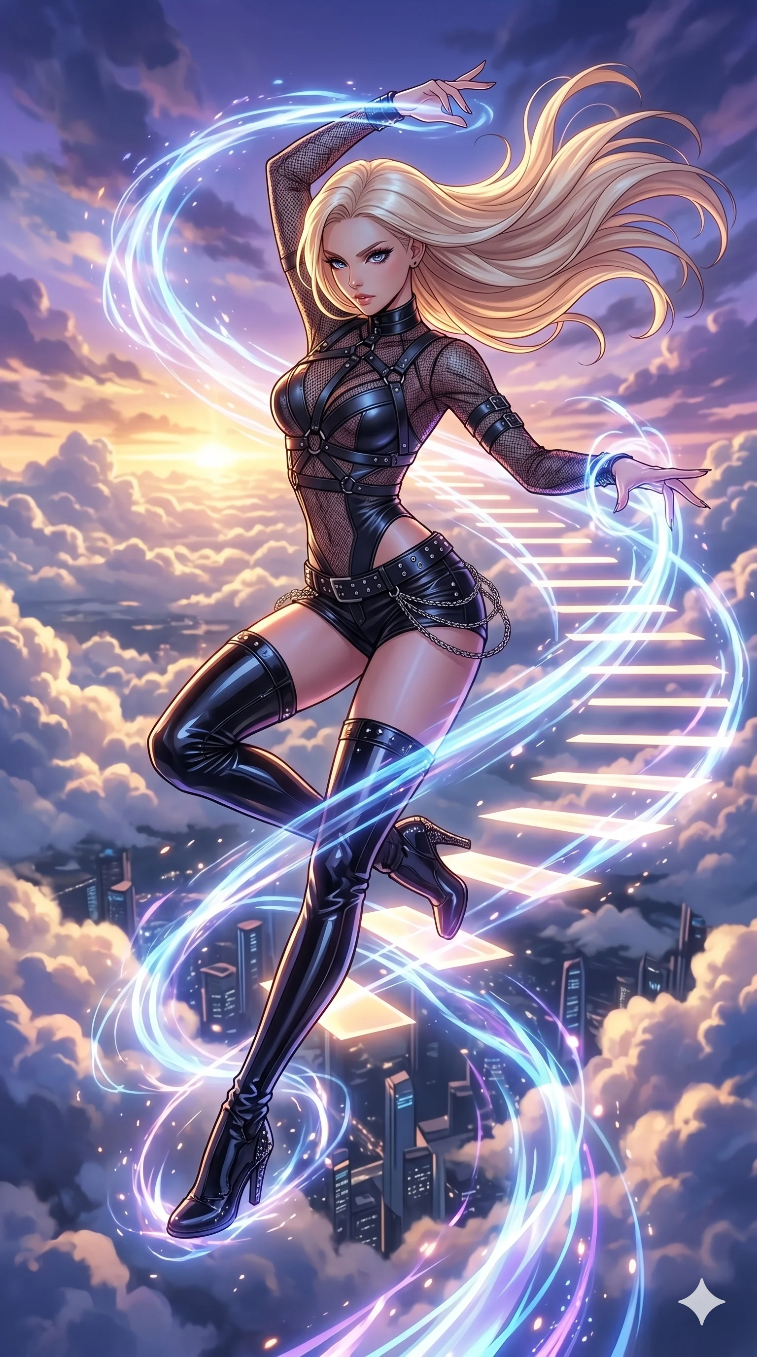 score_9, masterpiece, best quality, ultra-detailed, high-budget anime movie keyframe, cinematic anime lighting, intricate line art, Japanese woman. Mid-air action shot capturing a graceful twist and vertical silhouette. weaving a staircase of light into the clouds. She has an absolutely perfect 8-heads proportion, an exceptionally tall and slender female figure with an ultra-slim waist and impossibly long slender legs. strictly human anatomy, two legs only, no extra limbs, clearly defined legs and arms, perfect anatomy, perfect hands and fingers. sharp v-shaped jawline, high-bridge nose, intricate jewel-like eyes, thick eyelashes, glossy lips. Wearing K-Idol Stage: Leather harness over mesh, high-cut bodysuit, studded micro-shorts, and thigh-high patent boots. The scene is illuminated by dramatic atmospheric lighting and vibrant color palettes. , 2k, ultra detail, master piece, 9:16 ratio