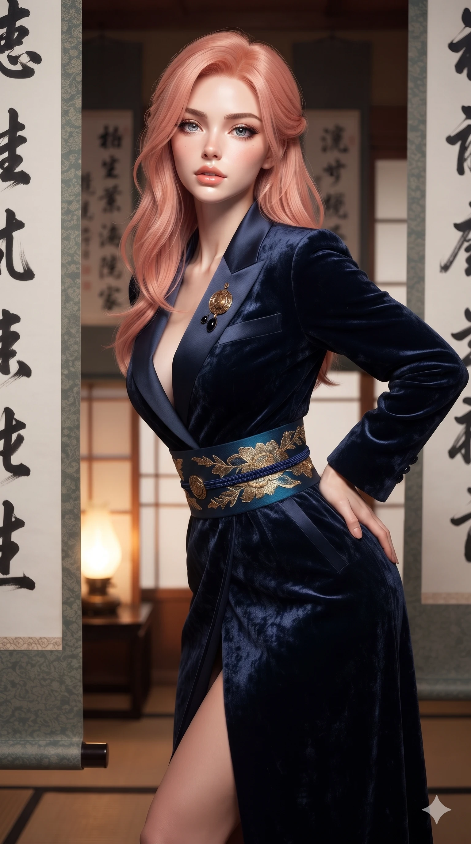 score_9, masterpiece, best quality, ultra-detailed, high-budget anime keyframe, editorial fashion photography, tasteful artistic composition, Japanese woman. close-up cowboy shot from the waist and thighs up, the character dominates the composition, filling the frame with her large presence. leaning forward while arching her lower back to accentuate her curvy hips, looking into the camera with an intoxicating smoldering gaze and bedroom-eyes while standing tall between towering hanging ink calligraphy scrolls, one hand on her hip as she looks into the lens with smoldering intensity. The surrounding environment is rendered in vivid detail and crisp panoramic clarity: sharp ink stroke textures on mulberry paper, woven tatami edge binding, and polished brass scroll weights in deep focus. She has an exceptionally elegant, slender, and willowy female figure with an ultra-slim waist, flat toned midriff, narrow ribcage, and sculpted feminine hips creating an alluring, slim hourglass silhouette without bulk. sharp v-shaped jawline, high-bridge nose, sparkling eyes with hypnotic seductive depth, thick curled eyelashes, glossy parted lips with a natural dewy peach sheen, alluring bedroom-eyes with an enchanting coquettish smile, exuding magnetic siren charisma and sophisticated glamour, flawlessly proportioned anatomical accuracy, strict slender model proportions, natural body alignment, perfectly sculpted long slender limbs, ultra-slim waistline, clean dynamic posture without body distortion. wearing a structured midnight blue silk after-hours durumagi long robe dress with satin lapels and a gold-embroidered obi sash in deep ocean cobalt and shimmering gold leaf, tailored from crushed dark velvet with deep light-absorbing plush texture, accented with an authentic engraved gold medallion and obsidian cabochons, the bespoke structured tailoring following the natural line of her 8.5-heads silhouette with refined elegance. bathed in soft diffuse light filtering through paper shoji screens and warm oil lamp glow. ultra-reflective glossy finish, specular highlights, rich textural contrasts, high-contrast stereoscopic depth, volumetric dynamic lighting, 2k, ultra detail, master piece, 9:16 ratio