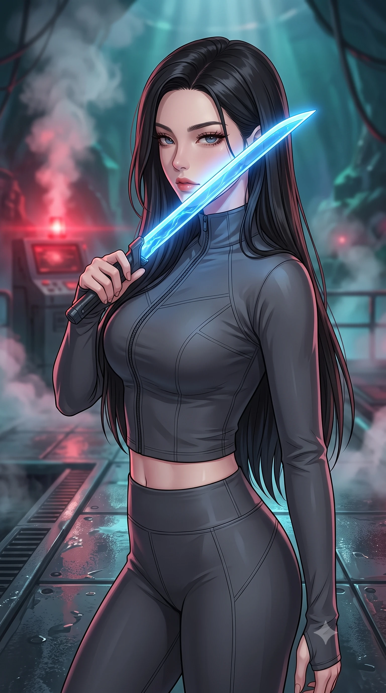 score_9, masterpiece, best quality, ultra-detailed, high-budget anime keyframe, editorial fashion photography, tasteful artistic composition, Korean woman. close-up cowboy shot from the waist and thighs up, the character dominates the composition, filling the frame with her large presence, background elements kept in soft focus. pressing the flat side of a glowing vibro-blade against her cheek, locking eyes with the viewer with bedroom-eyes, the background shows a soft-focus a wet maintenance dock inside an undersea volcano crater with steam vents. She has an exceptionally elegant, slender, and willowy female figure with an ultra-slim waist, a gracefully sculpted slender torso, and a refined silhouette. sharp v-shaped jawline, high-bridge nose, intricate jewel-like eyes with depth, thick eyelashes, glossy lips with a natural sheen. wearing a form-contouring body-hugging high-neck activewear set of a tailored zip-up long-sleeve crop top and matching leggings in carbon-grey. underground steam vents catching a pulsing crimson warning beacon light from above. highly saturated vibrant anime colors, detailed shading with soft gradients, rich glossy textures, high-contrast stereoscopic depth, volumetric dynamic lighting, master piece, 9:16 ratio