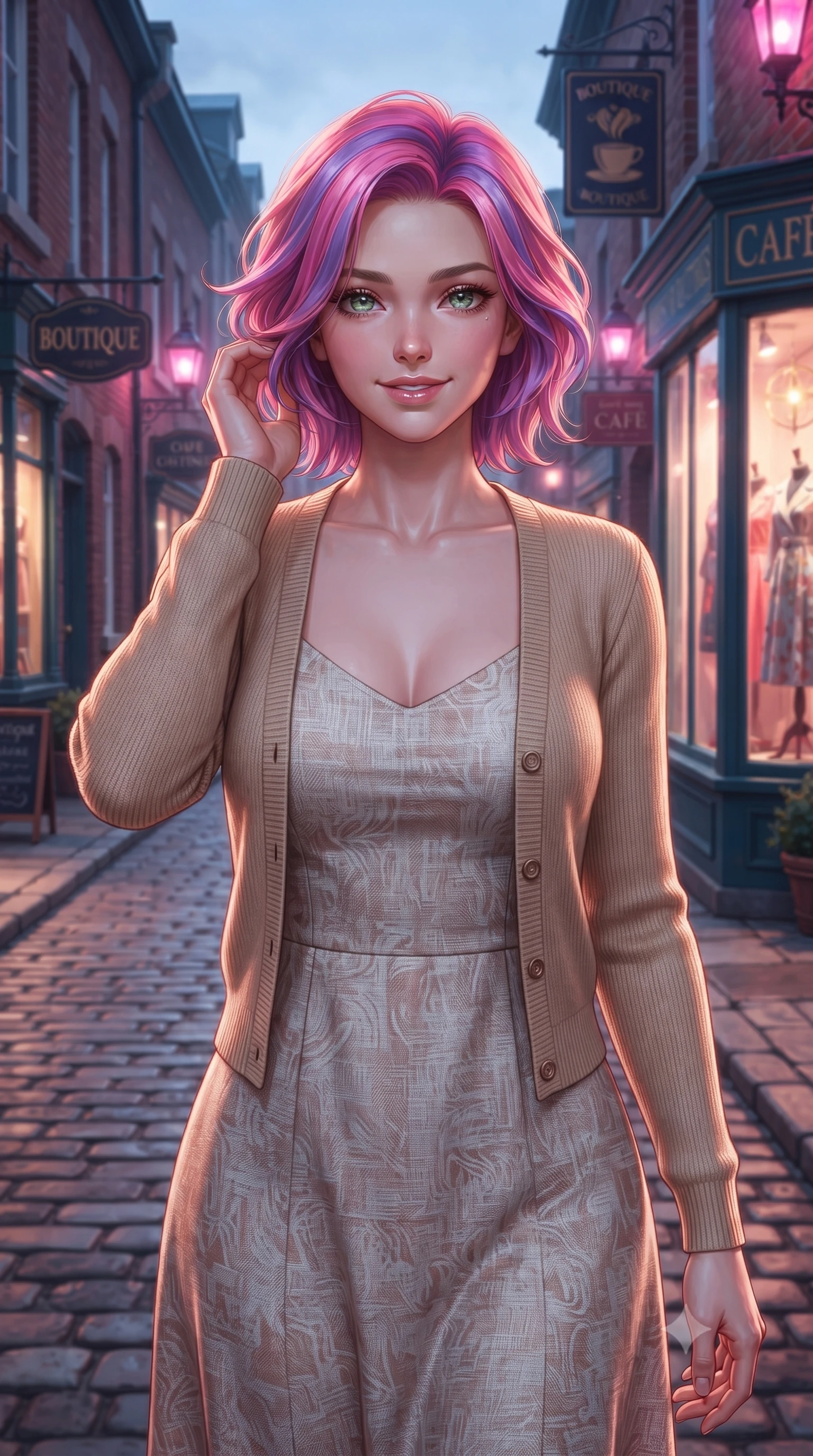 score_9, masterpiece, best quality, ultra-detailed, high-budget anime keyframe, editorial fashion photography, tasteful artistic composition, Caucasian woman. close-up cowboy shot from the waist and thighs up, the character dominates the composition, filling the frame with her large presence, background elements kept in soft focus. smiling cutely while gently brushing a strand of hair behind her ear set against a soft-focus background of walking along a historic street lined with brick boutiques and vintage signs with stylish shopping window displays showing chic clothes in soft focus behind her. She has an exceptionally elegant, slender, and willowy female figure with an ultra-slim waist, a gracefully sculpted slender torso, and a refined silhouette. sharp v-shaped jawline, high-bridge nose, intricate jewel-like eyes with depth, thick eyelashes, glossy lips with a natural sheen. wearing body-hugging cozy knit cardigan in beige, layered over a casual linen dress. vibrant streetlights and store signs casting dynamic highlights on her form. highly saturated vibrant anime colors, detailed shading with soft gradients, rich glossy textures, high-contrast stereoscopic depth, volumetric dynamic lighting, master piece, 9:16 ratio