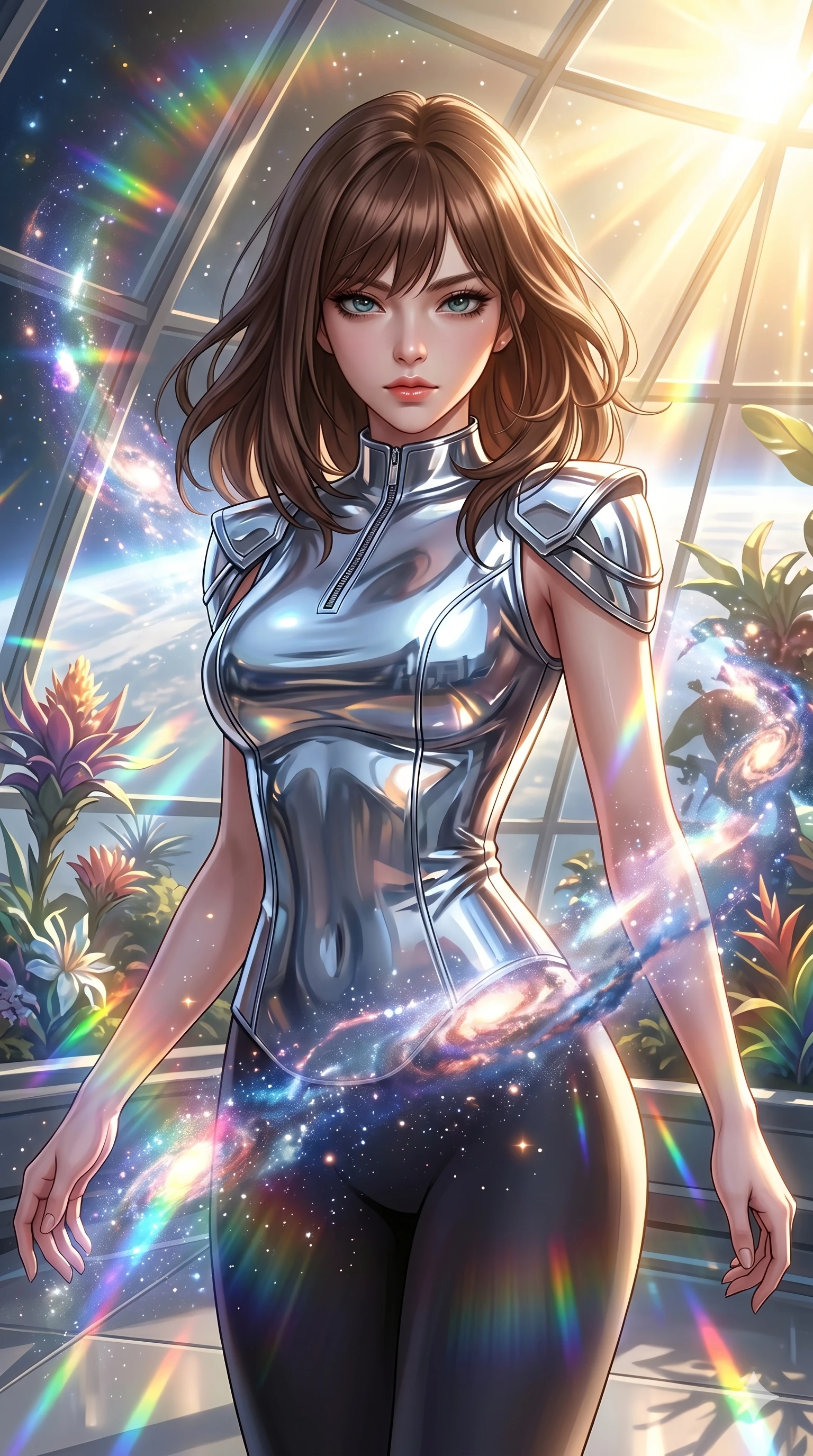 score_9, masterpiece, best quality, ultra-detailed, high-budget anime keyframe, semi-realistic 3D game render, Korean woman. Upper body close-up from the thighs up, character filling the screen for maximum presence. She is posing with dynamic energy as glowing cosmic stardust and floating nebulae swirl around her inside a sunlit orbital conservatory. She looks toward the camera with a captivating, intense gaze. She has an absolutely perfect 8-heads proportion, a tall and elegant figure with a refined silhouette and a defined waistline. V-shaped jawline, high-bridge nose, intricate jewel-like eyes with depth, thick eyelashes, glossy lips with a natural sheen. She is wearing a sleek tailored top in liquid-chrome finish that complements her silhouette, styled with sophisticated architectural shoulder accents and a modern zip collar. The scene is bathed in brilliant, high-contrast golden solar rays and refracting rainbow lens flares. 2k, ultra detail, master piece, 9:16 ratio