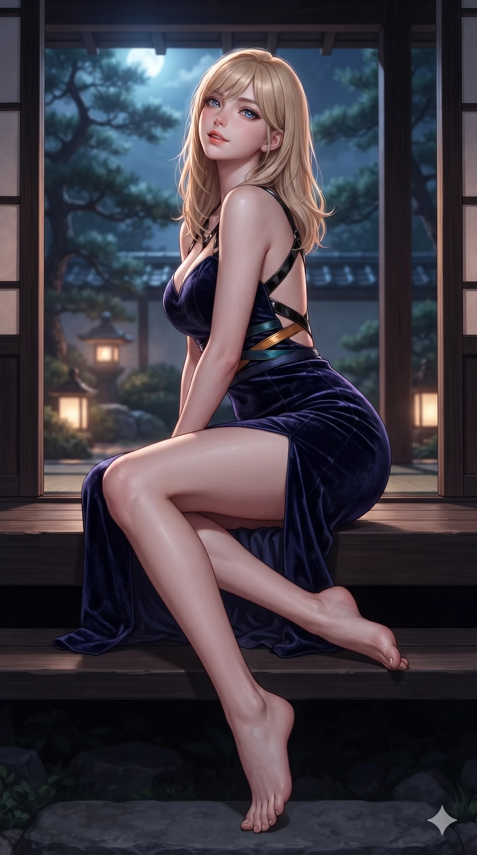 score_9, masterpiece, best quality, ultra-detailed, high-budget anime keyframe, editorial fashion photography, tasteful artistic composition, Japanese woman. low angle full-body shot from head to toe showing her feet, filling the entire 9:16 vertical frame with her statuesque presence, stretching her vertical silhouette. sitting poised on the stone steps with one knee bent, arching her spine with supermodel elegance as she glances upward through thick eyelashes while twisting her slender torso in an alluring S-curve against the dark wood framing, moonlight and interior paper lantern glow tracing her curves. The background shows a soft-focus framed view of moonlit pine gardens, glowing stone lanterns, and distant tiled walls blurred into jade, honey, and charcoal bokeh. She has an absolutely perfect, statuesque 8.5-heads proportion, an exceptionally tall and slender model-like female figure with impossibly long slender legs, an ultra-slim waist, a flat toned midriff, narrow delicate ribcage, and beautifully sculpted feminine hips creating a graceful, slim hourglass silhouette without any bulky heaviness. sharp v-shaped jawline, high-bridge nose, sparkling eyes with hypnotic seductive depth, thick curled eyelashes, glossy parted lips with a natural dewy peach sheen, alluring bedroom-eyes with an enchanting coquettish smile, exuding magnetic siren charisma and sophisticated glamour, flawlessly proportioned anatomical accuracy, strict slender model proportions, natural body alignment, perfectly sculpted long slender limbs, ultra-slim waistline, clean dynamic posture without body distortion. wearing a slinky deep sweetheart-neckline silk slip gown with criss-cross back otgoreum ribbon ties in midnight indigo and glowing lantern topaz, tailored from crushed dark velvet with deep light-absorbing plush texture, featuring an open-back criss-cross harness strap in patent black leather, the bespoke structured tailoring following the natural line of her 8.5-heads silhouette with refined elegance. illuminated by timber floor bounce and sharp rose-gold rim lights defining her razor-sharp jawline, narrow waist, and curvy hips. ultra-reflective glossy finish, specular highlights, rich textural contrasts, high-contrast stereoscopic depth, volumetric dynamic lighting, 2k, ultra detail, master piece, 9:16 ratio