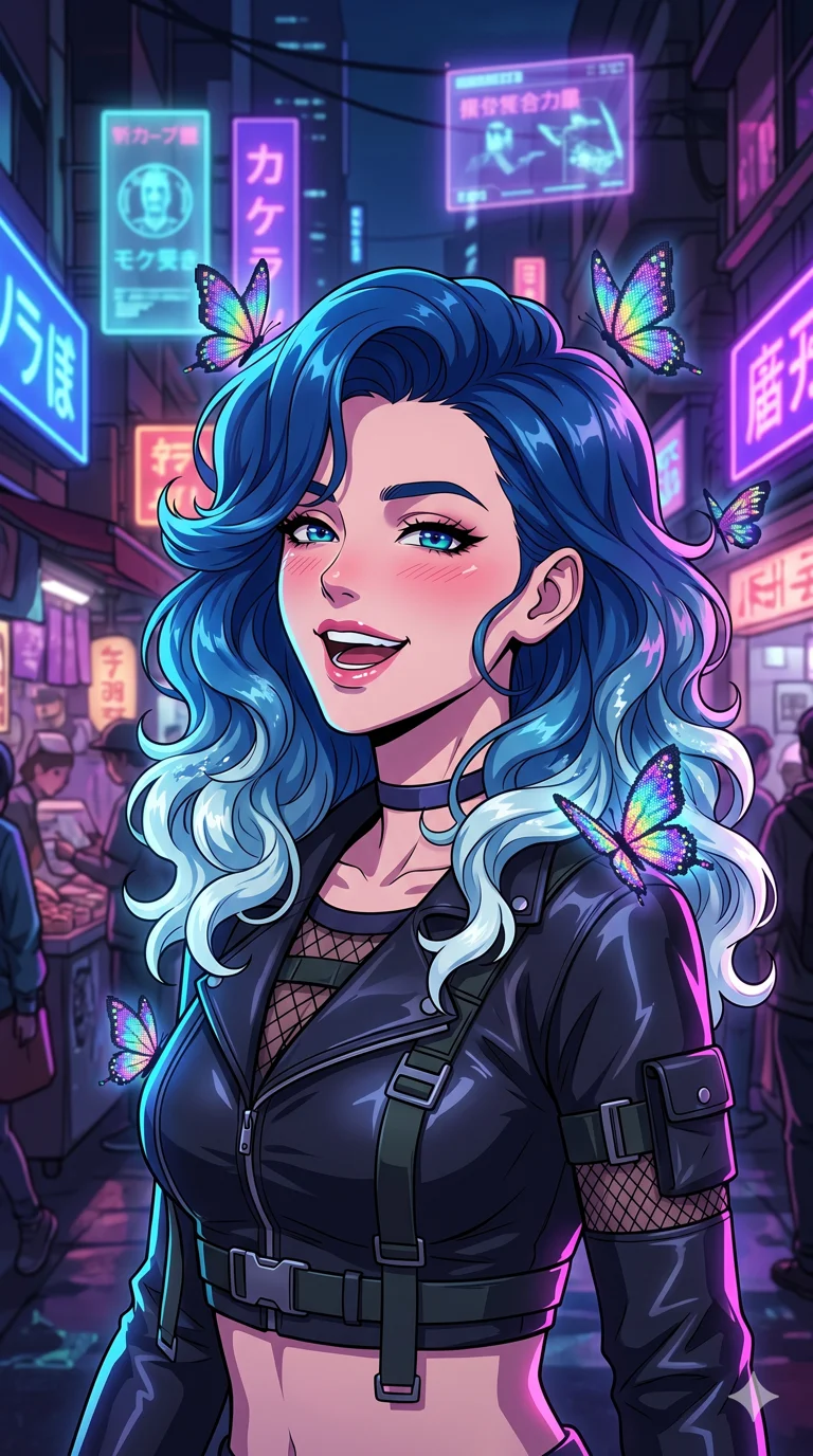 score_9, masterpiece, best quality, ultra-detailed, high-budget anime keyframe, vibrant colors and expressive line art, an incredibly beautiful Caucasian woman (strictly human ears). Medium shot of upper body focusing on her alluring and cute features and her ocean-wave hair with deep sapphire blue and frothy seafoam white tips, filling the vertical 9:16 frame. She is giggling while colorful digital butterflies land on her shoulders. She has a sharp v-shaped jawline, high-bridge nose, intricate jewel-like eyes, thick eyelashes, and glossy lips. She possesses an absolutely perfect 8-heads proportion and a slim-fit silhouette. She is wearing a stylish leather crop top with tactical straps and fishnet accents, highlighting her alluring silhouette. a busy cyberpunk marketplace with floating holographic advertisements, dramatic rim lighting, cinematic shadows, 2k, ultra detail, master piece, 9:16 ratio