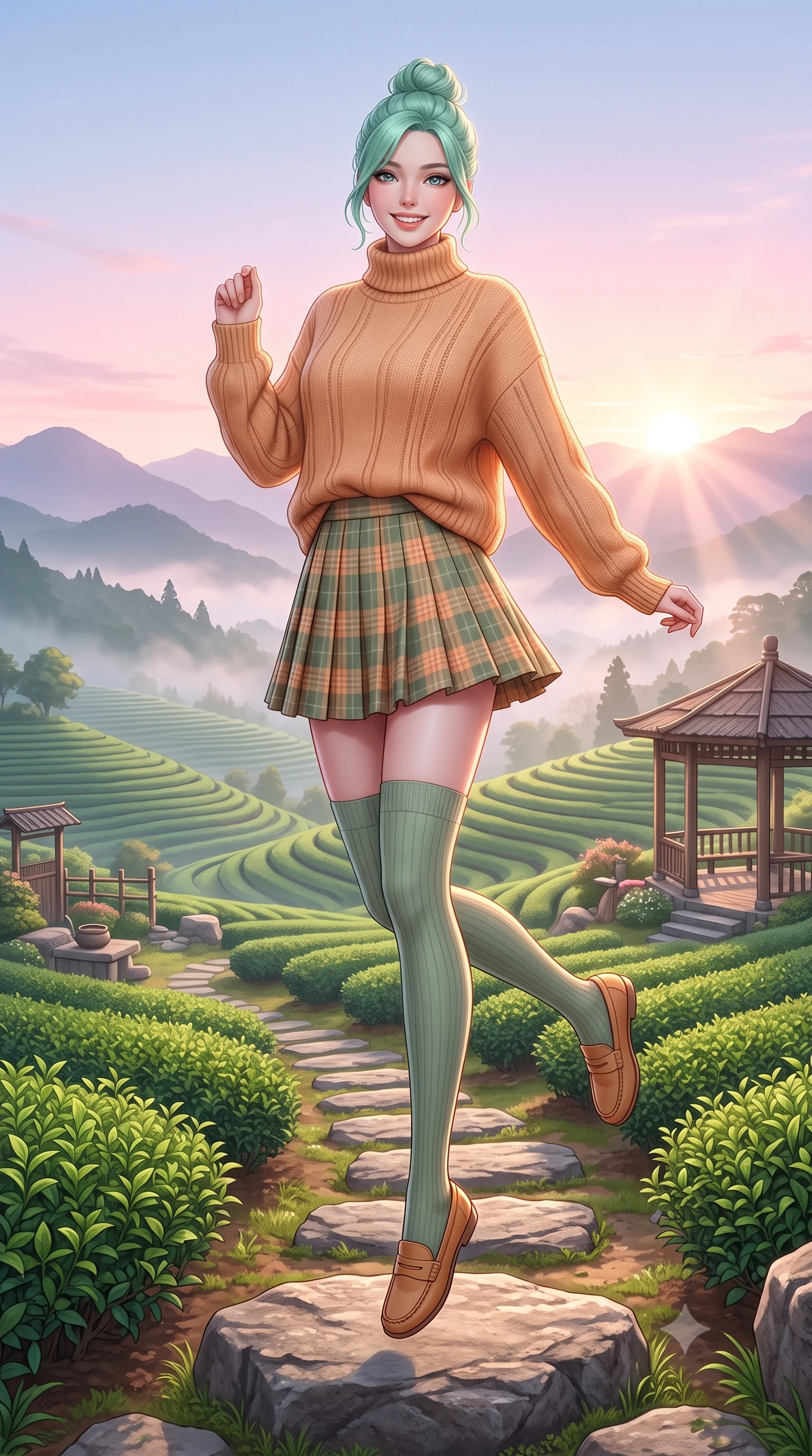 score_9, masterpiece, best quality, ultra-detailed, high-budget anime keyframe, semi-realistic 3D game render, editorial fashion photography, tasteful artistic composition, Japanese woman. low angle full-body shot from head to toe showing her feet, filling the entire 9:16 vertical frame with her statuesque presence, stretching her vertical silhouette. leaping with lighthearted youthful energy across the natural path with a dazzling bright smile and balanced athletic poise while pivoting dynamically on a stone garden step as the first rays of morning sun break over the emerald tea terraces. The surrounding environment is rendered in vivid detail and crisp panoramic clarity. layered mountain silhouettes, rustic wooden gazebo details, and clear dawn skies in panoramic clarity. She has an absolutely perfect, statuesque 8.5-heads proportion, an exceptionally tall and slender model-like female figure with impossibly long slender legs, a toned flat midriff, and an ultra-slim waist. sharp v-shaped jawline, high-bridge nose, intricate jewel-like eyes with depth, thick eyelashes, glossy lips with a natural sheen, pure and lovely fresh girlhood expression, flawlessly proportioned anatomical accuracy, strict slender model proportions, natural body alignment, perfectly sculpted long slender limbs, ultra-slim waistline, clean dynamic posture without body distortion. wearing a cozy oversized turtleneck knit jumper paired with a pleated plaid wool skirt and knee-high socks in warm apricot and sage green, made of comfortable premium stretch denim and airy cotton-jersey, featuring elegant flutter sleeves and a graceful open collar, the relaxed yet flattering fit accentuating her naturally graceful and slender figure, highlighting her youthful charm and lovely silhouette. bathed in soft pastel pink and golden dawn sunrise light breaking through rolling morning mist. highly saturated vibrant anime colors, detailed shading with soft gradients, rich glossy textures, high-contrast stereoscopic depth, volumetric dynamic lighting, master piece, 9:16 ratio