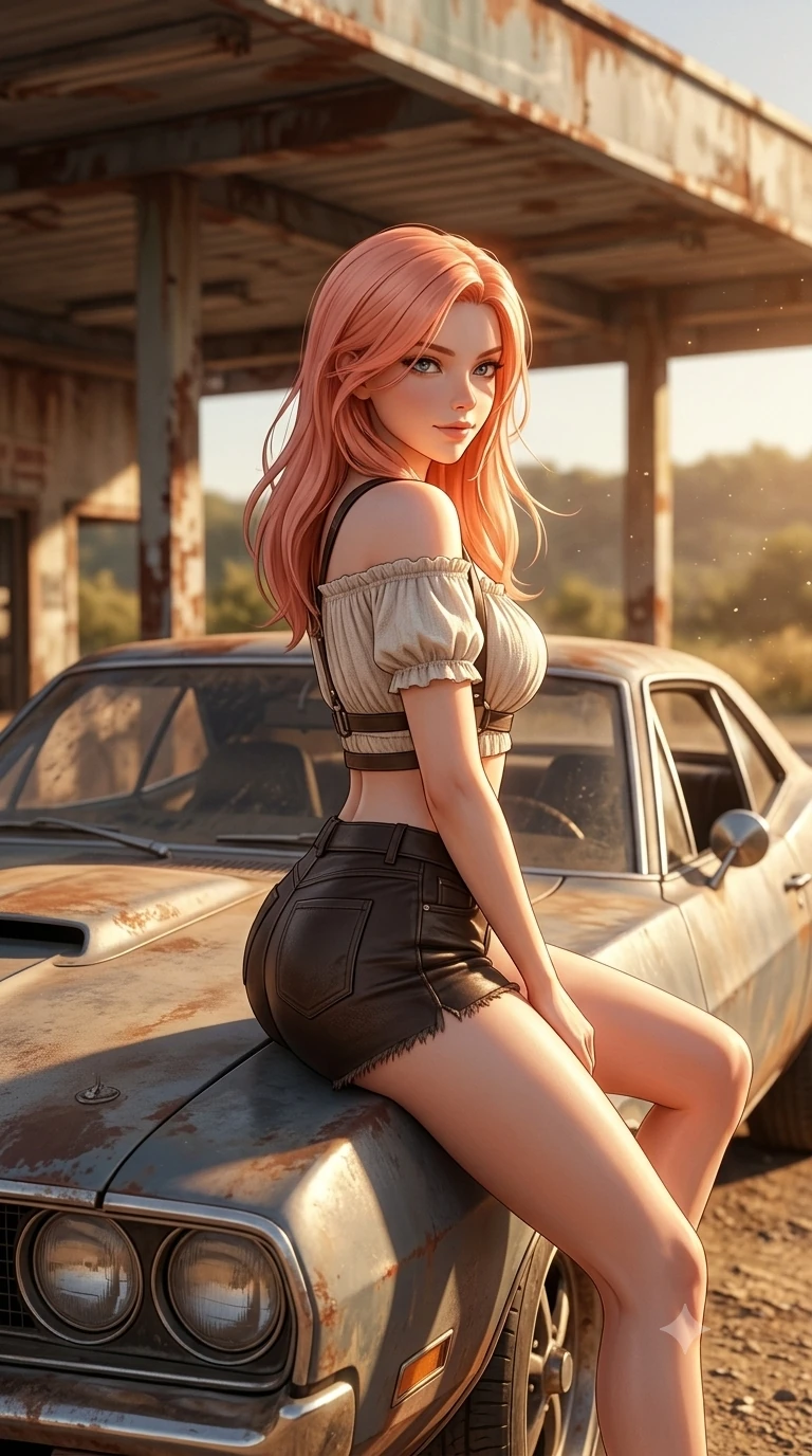 score_9, masterpiece, best quality, ultra-detailed, high-budget anime keyframe, semi-realistic 3D game render, editorial fashion photography, tasteful artistic composition, Japanese woman. close-up cowboy shot from the waist and thighs up, the character dominates the composition, filling the frame with her large presence. twisting her slender torso in a deep contrapposto stance, hips dramatically shifted to accentuate her feminine curves while looking past her shoulder with smoldering bedroom-eyes while perched sideways on the hood of a dusty muscle car parked under the rusted canopy, one knee drawn up to showcase her slender leg line while her arched back accentuates her curves. The surrounding environment is rendered in vivid detail and crisp panoramic clarity: detailed leatherette halter top drape, sun-kissed skin glow, and roadside relic atmosphere in razor-sharp precision. She has an exceptionally elegant, slender, and willowy female figure with an ultra-slim waist, flat toned midriff, narrow ribcage, and sculpted feminine hips creating an alluring, slim hourglass silhouette without bulk. sharp v-shaped jawline, high-bridge nose, sparkling eyes with hypnotic seductive depth, thick curled eyelashes, glossy parted lips with a natural dewy peach sheen, alluring bedroom-eyes with an enchanting coquettish smile, exuding magnetic siren charisma and sophisticated glamour, flawlessly proportioned anatomical accuracy, strict slender model proportions, natural body alignment, perfectly sculpted long slender limbs, ultra-slim waistline, clean dynamic posture without body distortion. wearing an off-the-shoulder sheer peasant crop blouse with elastic ruched neckline paired with tight distressed cutoff shorts in dark espresso leather and warm amber highlights, crafted from supple double-faced desert suede with an exceptionally soft matte finish, featuring an open-back criss-cross harness strap in dark leather, the bespoke structured tailoring following the natural line of her 8.5-heads silhouette with refined elegance. illuminated by asphalt reflection bounce and sharp golden-bronze rim lighting defining her jawline, flat midriff, and voluptuous hip curves. highly saturated vibrant anime colors, detailed shading with soft gradients, rich glossy textures, high-contrast stereoscopic depth, volumetric dynamic lighting, master piece, 9:16 ratio