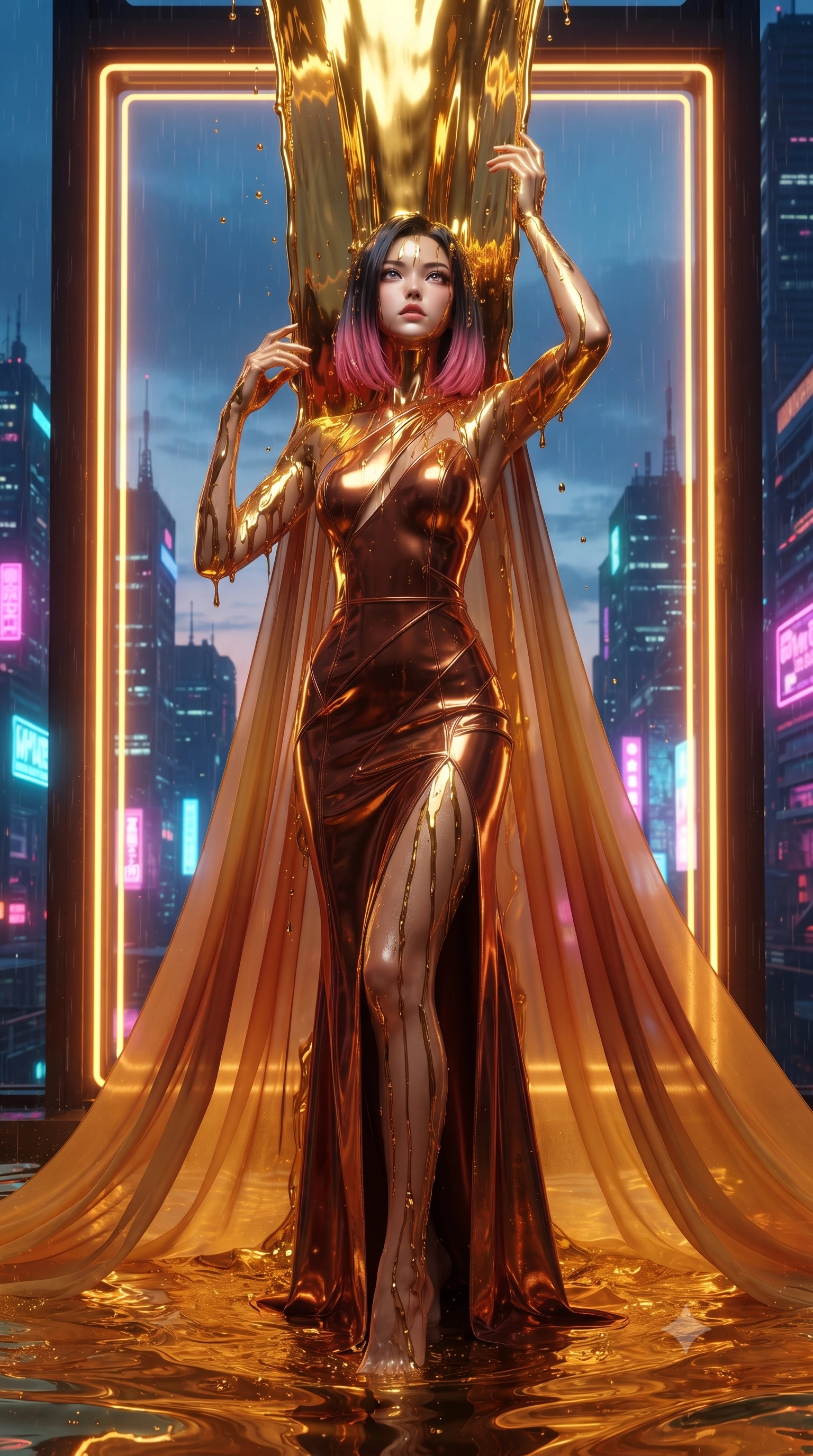 score_9, masterpiece, best quality, ultra-detailed, High-budget Anime Keyframe, editorial fashion photography, tasteful artistic composition, realistic cosplay photography, East Asian woman. Dynamic full-body shot stretching the vertical silhouette to the limit. Scenario 492: standing under a waterfall of liquid gold, the fluid coating her form, in a glowing neon window at twilight with soft rain falling. Her presence is magnetic and overpowering in this high-budget cinematic scene. Outfit 492: a slim-fit metallic copper patent leather gown draped with a semi-transparent chiffon cape. The clothing is designed to emphasize her exceptionally tall and slender 8-heads proportion. 8-heads proportion, towering silhouette, ultra-slim waist. sharp v-shaped jawline, intricate jewel-like eyes with depth, thick eyelashes, glossy lips. ultra-reflective glossy finish, specular highlights, metallic sheen, high-contrast stereoscopic depth, volumetric dynamic lighting, 2k, ultra detail, master piece, 9:16 ratio
