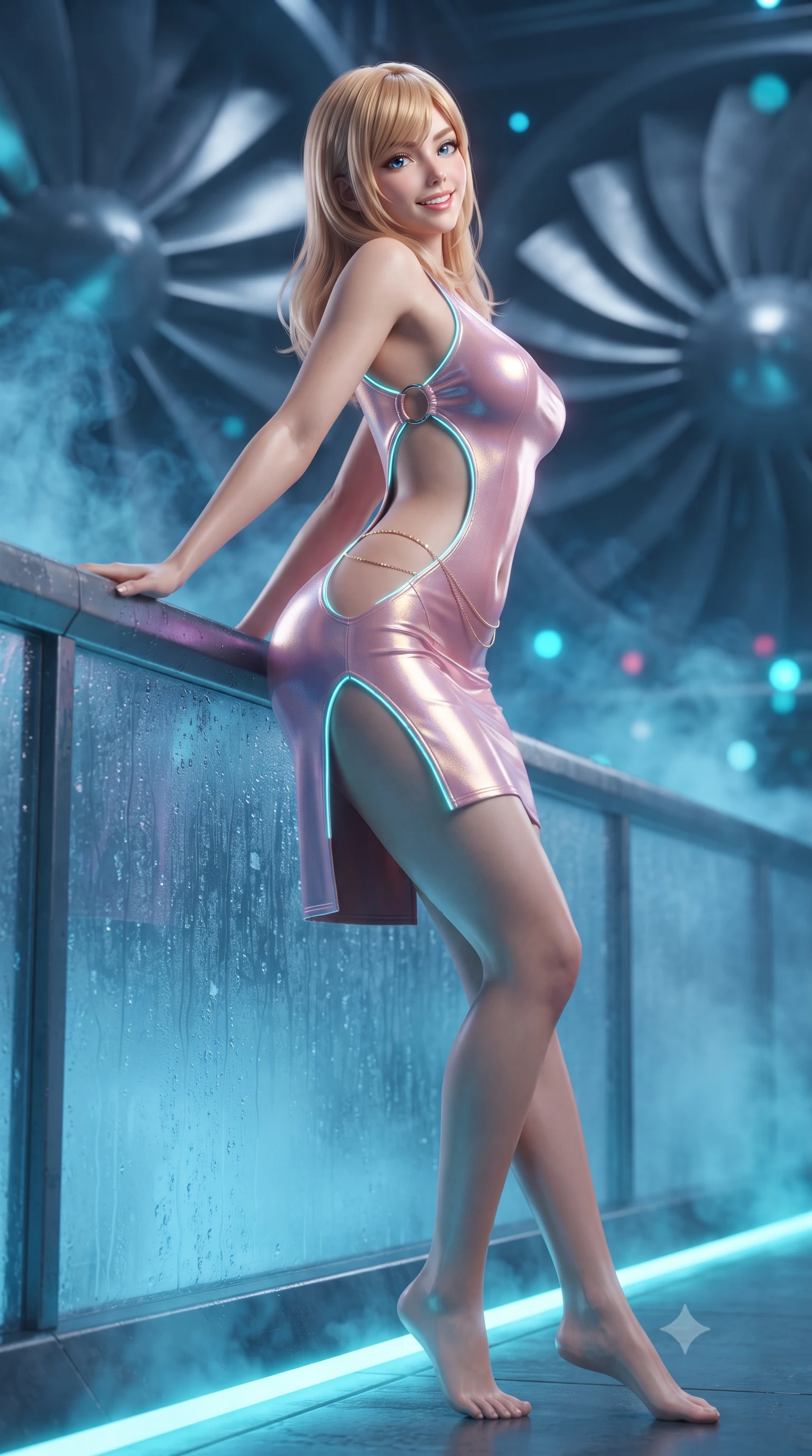 score_9, masterpiece, best quality, ultra-detailed, high-budget anime keyframe, editorial fashion photography, tasteful artistic composition, Caucasian woman. low angle full-body shot from head to toe showing her feet, filling the entire 9:16 vertical frame with her statuesque presence, stretching her vertical silhouette. leaning deep against the balcony balustrade with hips cocked back in an unapologetically alluring high-fashion stance, casting an intoxicating glance while twisting her slender torso in an alluring S-curve between condensation-dripping pipes, cyan LED hazard lines tracing her flat midriff and hourglass curves. The background shows a soft-focus massive spinning titanium turbine blades, swirling billows of blue-lit condensation steam, and distant warning strobes blurred into cyan, cobalt, and diamond bokeh. She has an exceptionally tall and slender model-like 8.5-heads proportion, an ultra-slim waist, a flat toned midriff, narrow delicate ribcage, and beautifully sculpted feminine hips creating a graceful, slim hourglass silhouette without any bulky heaviness, with impossibly long slender legs. sharp v-shaped jawline, high-bridge nose, intricate jewel-like sparkling eyes with depth, thick eyelashes, glossy parted lips with a natural peach sheen, bright cheerful beaming smile with an enchanting and coquettish sensual glint, exuding both youthful cute charm and seductive allure, flawlessly proportioned anatomical accuracy, strict slender model proportions, natural body alignment, perfectly sculpted long slender limbs, ultra-slim waistline, clean dynamic posture without body distortion. wearing a provocative open-waist combat cutout mini dress framed by polished chrome ring hardware and thigh-high slit in Solaris liquid rose-quartz and alien peach, woven from stretch metallic lurex jersey casting radiant starlight glints across her curves, accented with a dainty gold belly chain resting across her flat midriff and curving hips, the precision-cut side openings and low-back scoop framing her graceful spine and the sensual sweep of her slim, toned hips. bathed in electric-cyan floor LED guide lights mixed with cold ambient 6000K turbine spotlights. ultra-reflective glossy finish, specular highlights, rich textural contrasts, high-contrast stereoscopic depth, volumetric dynamic lighting, 2k, ultra detail, master piece, 9:16 ratio