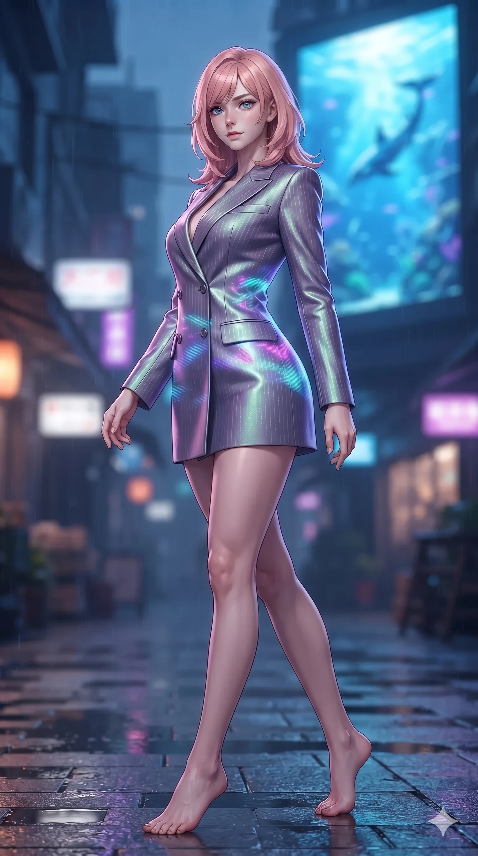 score_9, masterpiece, best quality, ultra-detailed, high-budget anime keyframe, editorial fashion photography, tasteful artistic composition, Japanese woman. low angle full-body shot from head to toe showing her feet, filling the entire 9:16 vertical frame with her statuesque presence, stretching her vertical silhouette. walking along the terrace with poise, looking back over her bare shoulder with an irresistible smoldering bedroom-gaze while twisting her slender torso in an alluring S-curve, deep ocean blue and neon purple holographic projections playing across her flat midriff and hips. The background shows a soft-focus rain puddles reflecting arcade signs softened in cyberpunk market alley shallow focus. She has an exceptionally tall and slender model-like 8.5-heads proportion, an ultra-slim waist, a flat toned midriff, narrow delicate ribcage, and beautifully sculpted feminine hips creating a graceful, slim hourglass silhouette without any bulky heaviness, with impossibly long slender legs. sharp v-shaped jawline, high-bridge nose, intricate jewel-like sparkling eyes with depth, thick eyelashes, glossy parted lips with a natural peach sheen, bright cheerful beaming smile with an enchanting and coquettish sensual glint, exuding both youthful cute charm and seductive allure, flawlessly proportioned anatomical accuracy, strict slender model proportions, natural body alignment, perfectly sculpted long slender limbs, ultra-slim waistline, clean dynamic posture without body distortion. wearing a tailored double-breasted blazer dress with subtle metallic pin-stripes and structured lapels in phosphorescent ultraviolet amethyst and mint green, tailored from high-density tech-wool with subtle metallic thread weave, finished with sleek magnetic buckle closures fluttering in the breeze, the bespoke structured tailoring following the natural line of her 8.5-heads silhouette with refined elegance. bathed in the glowing azure and indigo illumination of the monumental virtual aquarium billboard. ultra-reflective glossy finish, specular highlights, rich textural contrasts, high-contrast stereoscopic depth, volumetric dynamic lighting, 2k, ultra detail, master piece, 9:16 ratio
