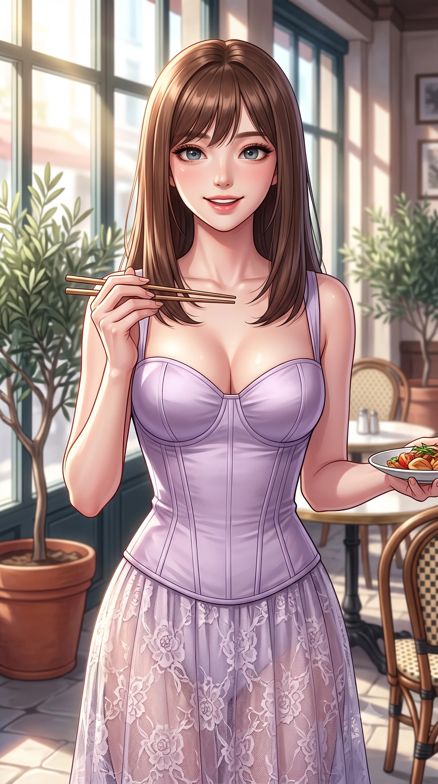 score_9, masterpiece, best quality, ultra-detailed, high-budget anime keyframe, editorial fashion photography, tasteful artistic composition, Korean woman. close-up cowboy shot from the waist and thighs up, the character dominates the composition, filling the frame with her large presence, background elements kept in soft focus. gazing at the camera with a warm, lovely smile and cute, friendly eye contact set against a soft-focus background of on a lively street-side bistro terrace next to potted olive trees holding a pair of chopsticks with a cute, excited look before eating. She has an exceptionally elegant, slender, and willowy female figure with an ultra-slim waist, a gracefully sculpted slender torso, and a refined silhouette. sharp v-shaped jawline, high-bridge nose, intricate jewel-like eyes with depth, thick eyelashes, glossy lips with a natural sheen. wearing slim-fit tailored bustier corset in soft lavender silk with a semi-opaque lace long skirt. bright afternoon sunlight streaming through the large window pane. highly saturated vibrant anime colors, detailed shading with soft gradients, rich glossy textures, high-contrast stereoscopic depth, volumetric dynamic lighting, master piece, 9:16 ratio