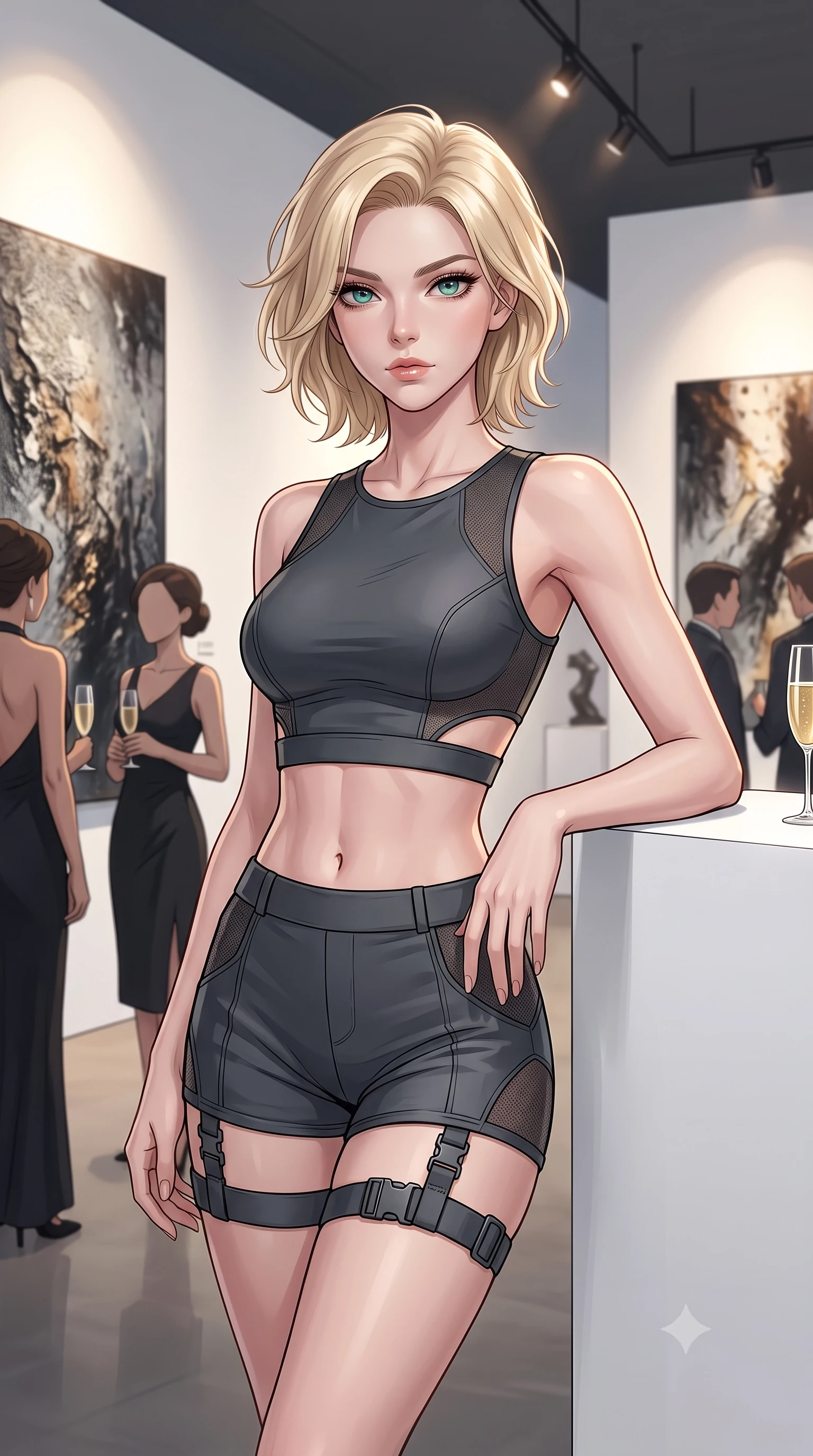 score_9, masterpiece, best quality, ultra-detailed, high-budget anime keyframe, editorial fashion photography, tasteful artistic composition, Caucasian woman, strictly human ears. close-up cowboy shot from the waist and thighs up, the character dominates the composition, filling the frame with her large presence, background elements kept in soft focus. Resting one arm elegantly against a surface with a poised relaxed stance. set against a soft-focus background of a prestigious contemporary art gallery on opening night with stark white walls displaying dramatic large-scale paintings elegant guests visible in soft focus and champagne flutes catching focused gallery lighting. She has an exceptionally elegant and slender, willowy female figure with an ultra-slim waist, a gracefully sculpted slender torso, and a refined slim physique. sharp v-shaped jawline, high-bridge nose, intricate jewel-like eyes with depth, thick eyelashes, glossy lips with a natural sheen. wearing a cyber-tactical crop top in dark grey with a subtle waist cutout, paired with matching high-cut shorts and thigh straps. precise museum-grade spotlights illuminating artwork with warm pools of light creating a sophisticated gallery atmosphere against white walls with soft ambient party lighting. 2k, ultra detail, master piece, 9:16 ratio