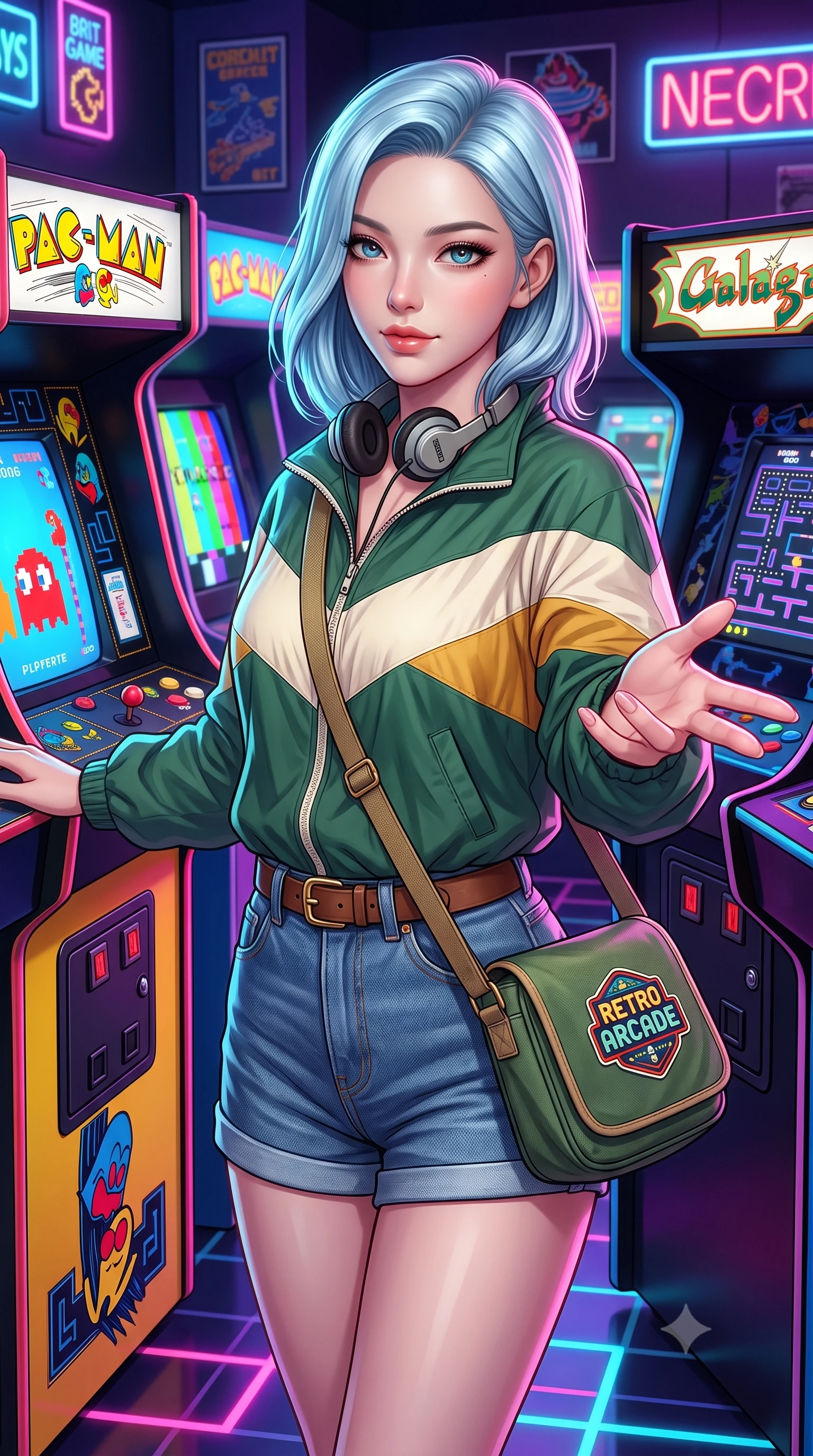 score_9, masterpiece, best quality, ultra-detailed, high-budget anime keyframe, semi-realistic 3D game render, editorial fashion photography, tasteful artistic composition, Korean woman. close-up cowboy shot from the waist and thighs up, the character dominates the composition, filling the frame with her large presence. extending one slender arm gracefully toward the foreground while casting an affectionate, mesmerizing glance while pivoting dynamically between colorful arcade cabinets as 8-bit CRT screens flash vibrant pixel art across her stylish outfit. The surrounding environment is rendered in vivid detail and crisp panoramic clarity. detailed denim jacket patches, arcade cabinet side art, and floor neon reflections in high resolution. She has an exceptionally elegant, slender, and willowy female figure with an ultra-slim waist, a gracefully sculpted slender torso, toned flat midriff, and a refined slim silhouette. sharp v-shaped jawline, high-bridge nose, intricate jewel-like eyes with depth, thick eyelashes, glossy lips with a natural sheen, captivating and magnetic expression, flawlessly proportioned anatomical accuracy, strict slender model proportions, natural body alignment, perfectly sculpted long slender limbs, ultra-slim waistline, clean dynamic posture without body distortion. wearing a retro pastel colorblock windbreaker paired with high-waisted denim shorts and a canvas crossbody bag in forest green, cream, and mustard yellow, made of crisp lightweight vintage crinkle nylon, accessorized with a classic leather belt with brass buckle and retro on-ear foam headphones, the glove-like aerodynamic second-skin fit tightly clinging to her ultra-slender waist and athletic curves without adding bulk, accentuating her razor-sharp statuesque lines and slim hourglass silhouette. surrounded by a playful, energetic, and delightfully charming 80s arcade sweetheart aura. highly saturated vibrant anime colors, detailed shading with soft gradients, rich glossy textures, high-contrast stereoscopic depth, volumetric dynamic lighting, master piece, 9:16 ratio
