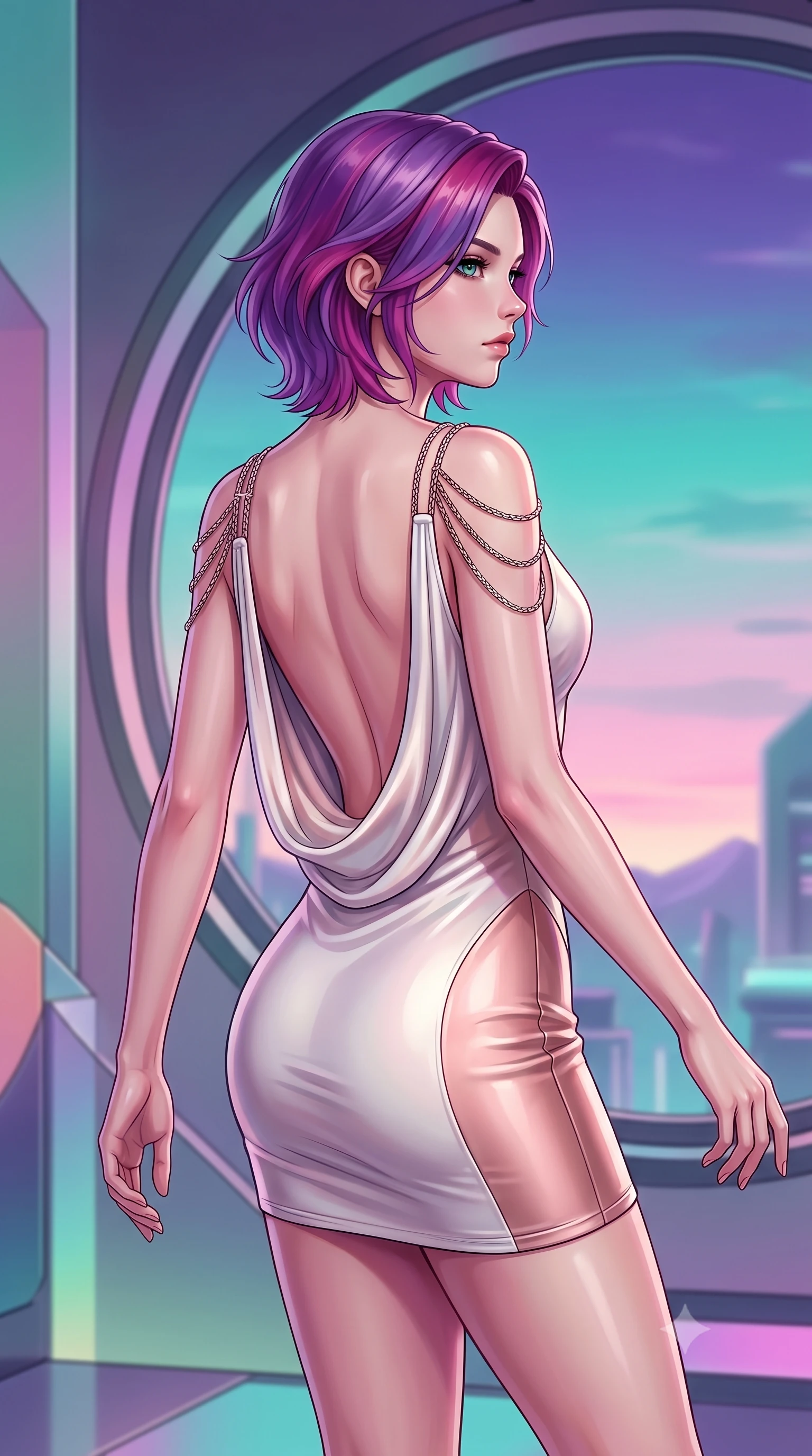 score_9, masterpiece, best quality, ultra-detailed, high-budget anime keyframe, editorial fashion photography, tasteful artistic composition, Caucasian woman. close-up cowboy shot from the waist and thighs up, the character dominates the composition, filling the frame with her large presence, background elements kept in soft focus. Gazing past the lens with composed intensity as her torso curves dynamically in mid-motion while gazing out a giant circular window at a twilight sky painted in purple and turquoise, pastel pink and turquoise gradients creating a nostalgic 80s aesthetic. She has an exceptionally elegant, slender, and willowy female figure with an ultra-slim waist, a gracefully sculpted slender torso, and a refined silhouette. sharp v-shaped jawline, high-bridge nose, intricate jewel-like eyes with depth, thick eyelashes, glossy lips with a natural sheen, flawlessly proportioned anatomical accuracy, natural body alignment, perfectly sculpted elegant limbs, clean dynamic posture without body distortion. wearing a precision-fitted liquid jersey bodycon dress with a graceful draped back in pearl white and rose gold, formed from sleek second-skin neoprene, adorned with delicate metallic chain straps along the neckline, the form-contouring material highlighting her ultra-slim waist and long lines. surrounded by a dreamlike vaporwave ambiance with smooth gradients. highly saturated vibrant anime colors, detailed shading with soft gradients, rich glossy textures, high-contrast stereoscopic depth, volumetric dynamic lighting, master piece, 9:16 ratio