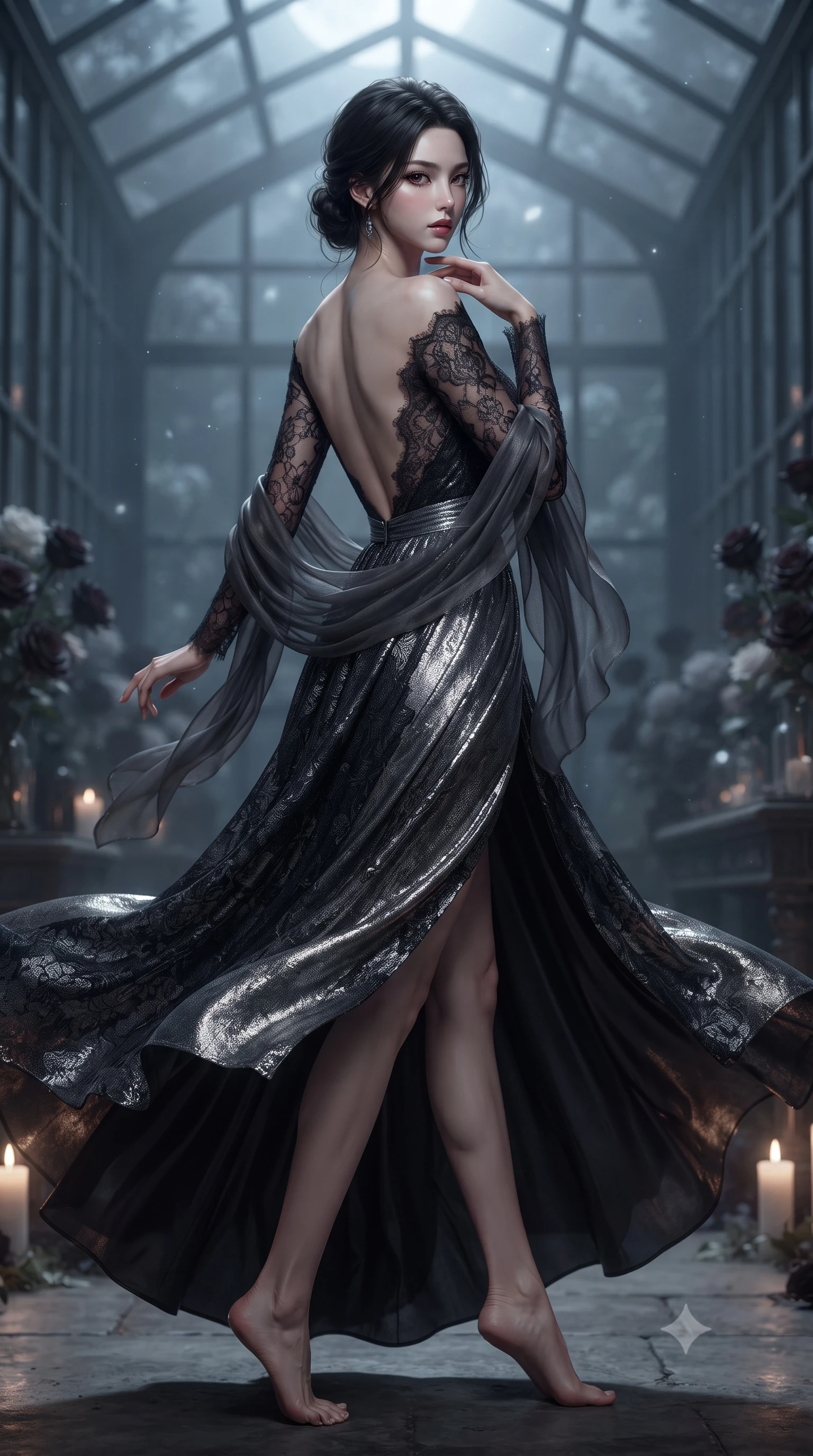 score_9, masterpiece, best quality, ultra-detailed, high-budget anime keyframe, editorial fashion photography, tasteful artistic composition, Korean woman. low angle full-body shot from head to toe showing her feet, filling the entire 9:16 vertical frame with her statuesque presence, stretching her vertical silhouette. executing an elegant mid-motion turn as garments swirl around her slender limbs, glancing over her shoulder with smoldering allure while slipping through the misty glasshouse corridor with predatory grace, fingers lightly tracing her bare throat. The composition keeps background elements in soft focus with creamy bokeh. moonlit orangerie glass framework and blooming black rose petals blurred into deep obsidian, wine-ruby, and lunar-silver bokeh. She has an absolutely perfect, statuesque 8.5-heads proportion, an exceptionally tall and slender model-like female figure with impossibly long slender legs, a toned flat midriff, and an ultra-slim waist. sharp v-shaped jawline, high-bridge nose, intricate jewel-like eyes with depth, thick eyelashes, glossy parted lips with a natural sheen, intensely captivating and seductive expression, flawlessly proportioned anatomical accuracy, strict slender model proportions, natural body alignment, perfectly sculpted long slender limbs, ultra-slim waistline, clean dynamic posture without body distortion. wearing a dark romantic lace-sleeved evening gown with a plunging neckline and bare shoulders in raven black and shimmering silver mercury, crafted from luxurious metallic lamé that shifts radiance with every step, finished with a gossamer silk shawl draped loosely over her elbows, the dramatically scooped open back descending to the base of her spine, accentuating her razor-sharp statuesque lines and slim hourglass silhouette. bathed in cold lunar moonlight from above and warm flickering candle uplights from below. ultra-reflective glossy finish, specular highlights, rich textural contrasts, high-contrast stereoscopic depth, volumetric dynamic lighting, 2k, ultra detail, master piece, 9:16 ratio
