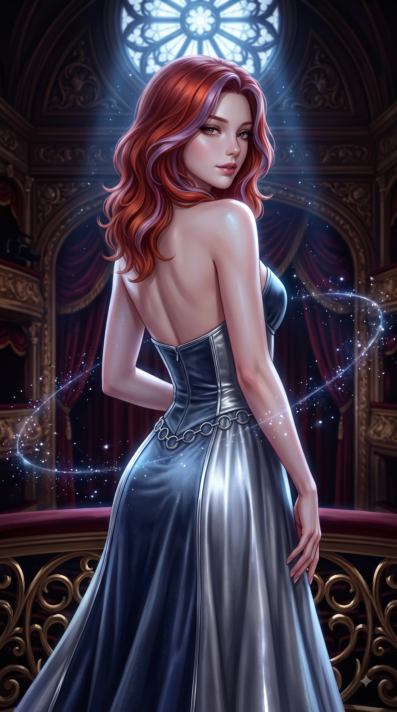 score_9, masterpiece, best quality, ultra-detailed, high-budget anime keyframe, editorial fashion photography, tasteful artistic composition, Caucasian woman. close-up cowboy shot from the waist and thighs up, the character dominates the composition, filling the frame with her large presence, background elements kept in soft focus. Casting a seductive sidelong gaze over her bare shoulder with heavy lashes and a composed half-smile while pivoting dynamically on an opera balcony as deep space starlight illuminates her bare back, floating starlight dust drifting around her in dynamic orbital paths. She has an exceptionally elegant, slender, and willowy female figure with an ultra-slim waist, a gracefully sculpted slender torso, and a refined silhouette. sharp v-shaped jawline, high-bridge nose, intricate jewel-like eyes with depth, thick eyelashes, glossy lips with a natural sheen, flawlessly proportioned anatomical accuracy, natural body alignment, perfectly sculpted elegant limbs, clean dynamic posture without body distortion. wearing a modern fusion silk hanbok dress with a structured bodice and flowing skirt in slate blue and metallic silver, made of premium stretch velvet with a rich sheen, accented with delicate chrome ring hardware framing her waist, the form-contouring material highlighting her ultra-slim waist and long lines. surrounded by an opulent, dramatic opera box atmosphere with deep chiaroscuro. ultra-reflective glossy finish, specular highlights, metallic sheen, high-contrast stereoscopic depth, volumetric dynamic lighting, 2k, ultra detail, master piece, 9:16 ratio