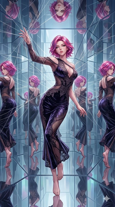 score_9, masterpiece, best quality, ultra-detailed, High-budget Anime Keyframe, East Asian woman. Dynamic full-body shot stretching the vertical silhouette to the limit. Scenario 196: Suspended by invisible silk threads in a hall of mirrors. Her pres