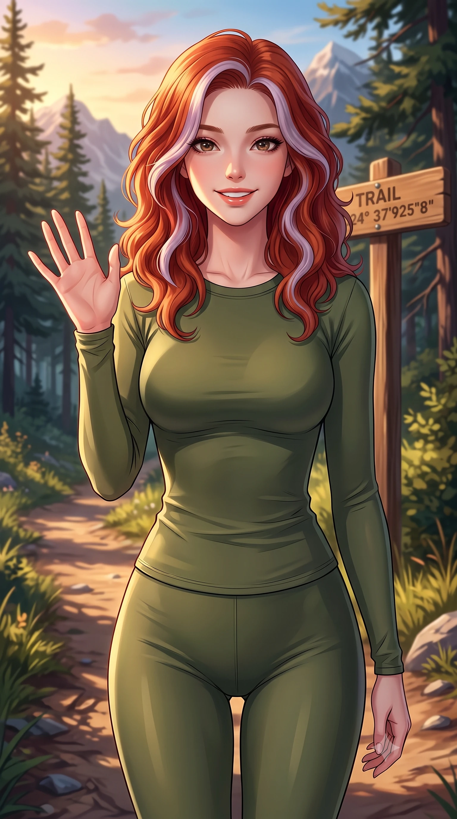 score_9, masterpiece, best quality, ultra-detailed, high-budget anime keyframe, editorial fashion photography, tasteful artistic composition, Caucasian woman. close-up cowboy shot from the waist and thighs up, the character dominates the composition, filling the frame with her large presence, background elements kept in soft focus. flashing a sweet, beaming smile while waving one hand gently toward the camera set against a soft-focus background of along a scenic hiking trail winding through a pine forest with mountain views with a wooden trail marker sign showing coordinates behind her. She has an exceptionally elegant, slender, and willowy female figure with an ultra-slim waist, a gracefully sculpted slender torso, and a refined silhouette. sharp v-shaped jawline, high-bridge nose, intricate jewel-like eyes with depth, thick eyelashes, glossy lips with a natural sheen. wearing form-contouring tight-fitting athletic long-sleeve top in olive green, paired with form-contouring leggings. golden hour sunset light casting long shadows of mountain peaks across the slope. highly saturated vibrant anime colors, detailed shading with soft gradients, rich glossy textures, high-contrast stereoscopic depth, volumetric dynamic lighting, master piece, 9:16 ratio