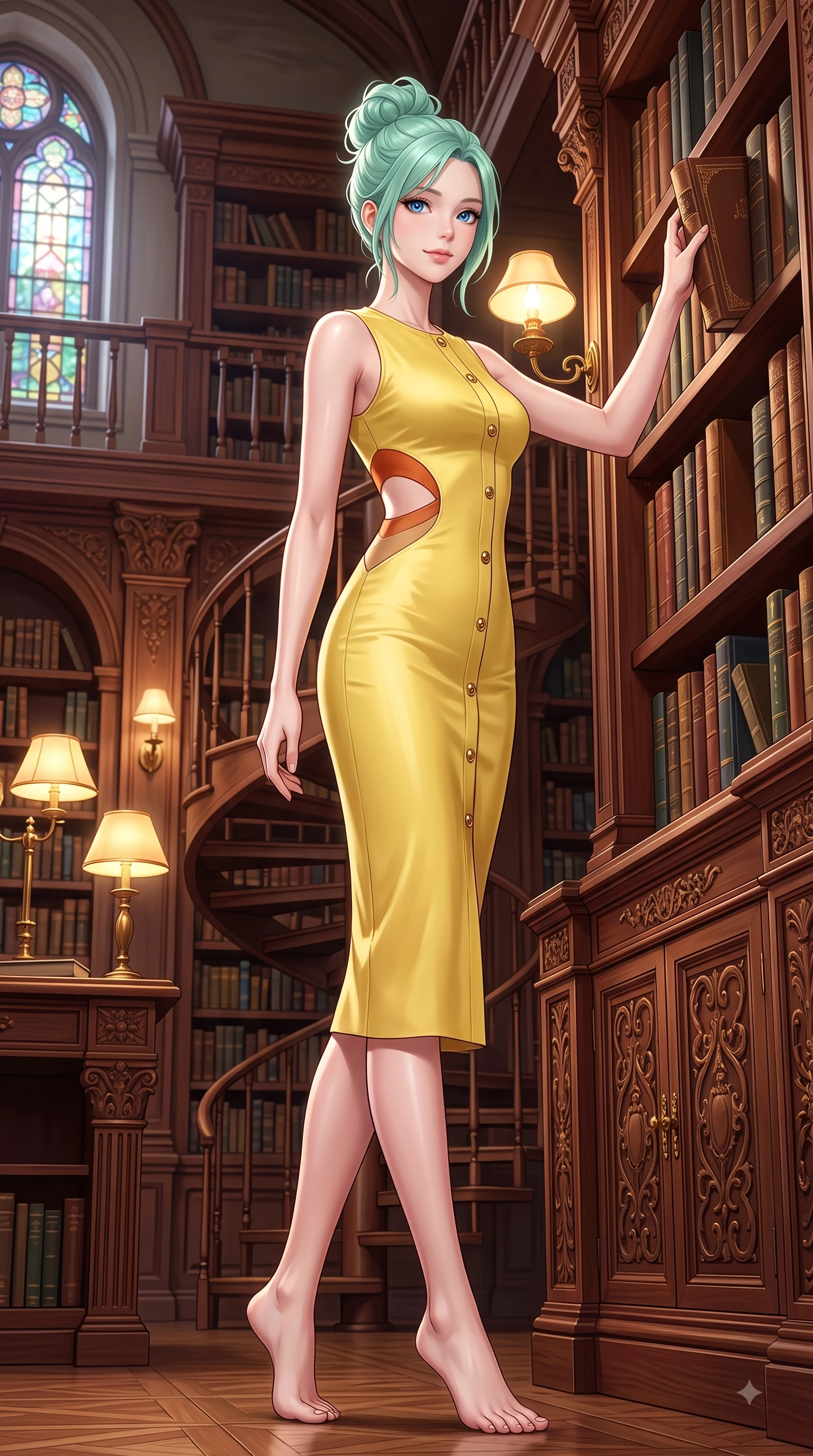 score_9, masterpiece, best quality, ultra-detailed, high-budget anime keyframe, editorial fashion photography, tasteful artistic composition, Japanese woman. low angle full-body shot from head to toe showing her feet, filling the entire 9:16 vertical frame with her statuesque presence, stretching her vertical silhouette. Pure innocent expression with clear crystalline eyes, a gentle tender smile, and an airy serene aura while standing near a carved mahogany bookcase in a grand library reaching for a leather book. The surrounding environment is rendered in vivid detail and crisp panoramic clarity. intricate carved mahogany bookcases, brass reading lamps, and stained glass window details in deep focus. She has an absolutely perfect, statuesque 8.5-heads proportion, an exceptionally tall and slender model-like female figure with impossibly long slender legs and an ultra-slim waist. sharp v-shaped jawline, high-bridge nose, intricate jewel-like eyes with depth, thick eyelashes, glossy lips with a natural sheen, flawlessly proportioned anatomical accuracy, natural body alignment, perfectly sculpted elegant limbs, clean dynamic posture without body distortion. wearing a sleek daffodil yellow sleeveless knit midi dress with subtle side cutouts in burnt orange and warm camel beige, crafted from smooth liquid silk satin, finished with gold metallic hardware buttons along the front, the sleek second-skin fit accentuating her magnetic presence. surrounded by an intelligent, noble, and classic editorial atmosphere. highly saturated vibrant anime colors, detailed shading with soft gradients, rich glossy textures, high-contrast stereoscopic depth, volumetric dynamic lighting, master piece, 9:16 ratio