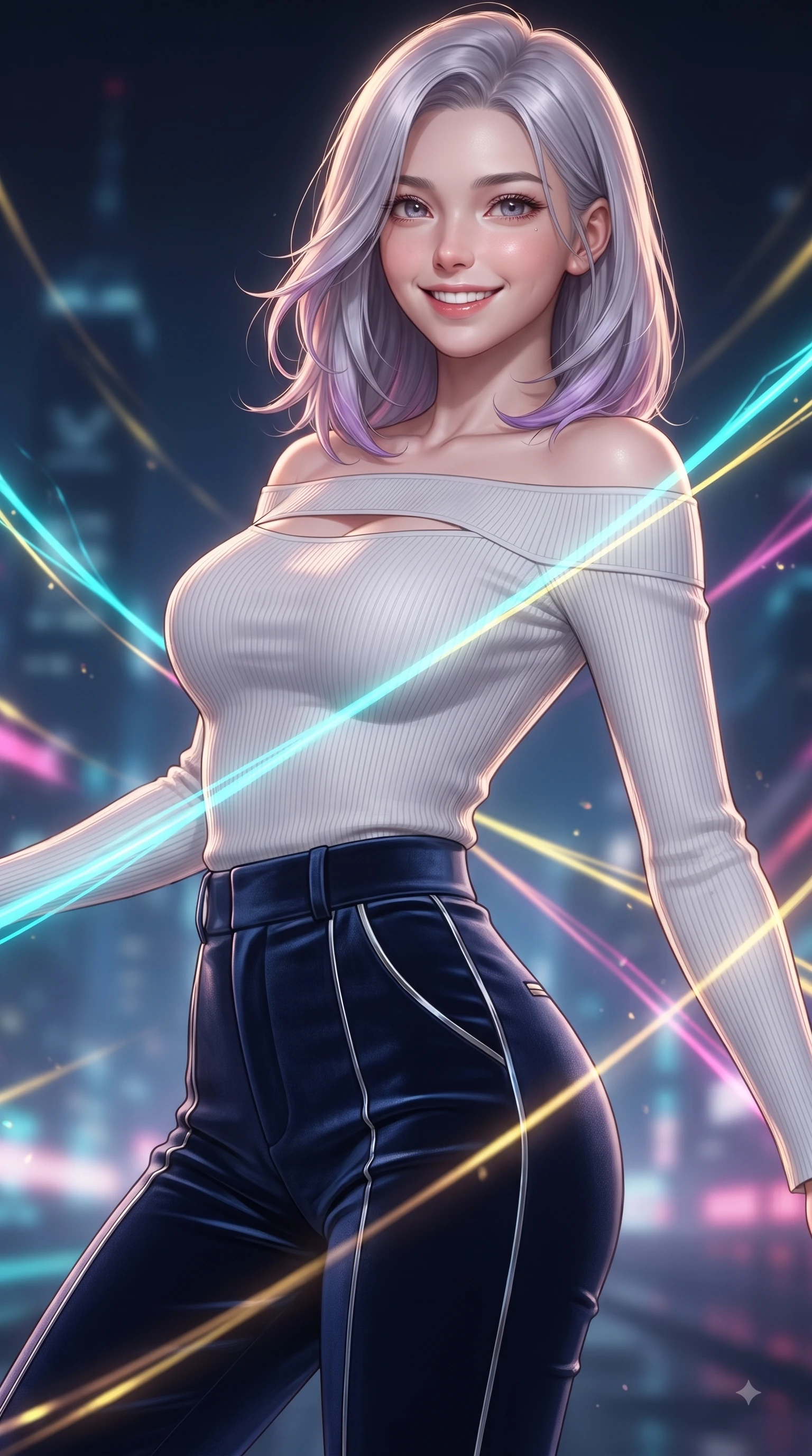 score_9, masterpiece, best quality, ultra-detailed, high-budget anime keyframe, editorial fashion photography, tasteful artistic composition, Caucasian woman. close-up cowboy shot from the waist and thighs up, the character dominates the composition, filling the frame with her large presence, background elements kept in soft focus. Radiant bright smile with sparkling eyes directed right into the lens, her torso turning in a dynamic S-curve alignment while pivoting her torso in a dynamic S-curve alignment as light threads pulse with happiness, fluorescent cyan, yellow, pink, and gold light threads crossing in 3D space. She has an exceptionally elegant, slender, and willowy female figure with an ultra-slim waist, a gracefully sculpted slender torso, and a refined silhouette. sharp v-shaped jawline, high-bridge nose, intricate jewel-like eyes with depth, thick eyelashes, glossy lips with a natural sheen, flawlessly proportioned anatomical accuracy, natural body alignment, perfectly sculpted elegant limbs, clean dynamic posture without body distortion. wearing a sleek off-shoulder ribbed knit top paired with high-waist tailored pants in midnight navy blue and chrome trim, made of premium stretch velvet with a rich sheen, accented with a Tasteful chest slit framing her clavicle gracefully, the tailored fabric tightly following every curve of her athletic build. illuminated by the brilliant glow of rainbow luminescent plasma threads. ultra-reflective glossy finish, specular highlights, metallic sheen, high-contrast stereoscopic depth, volumetric dynamic lighting, 2k, ultra detail, master piece, 9:16 ratio