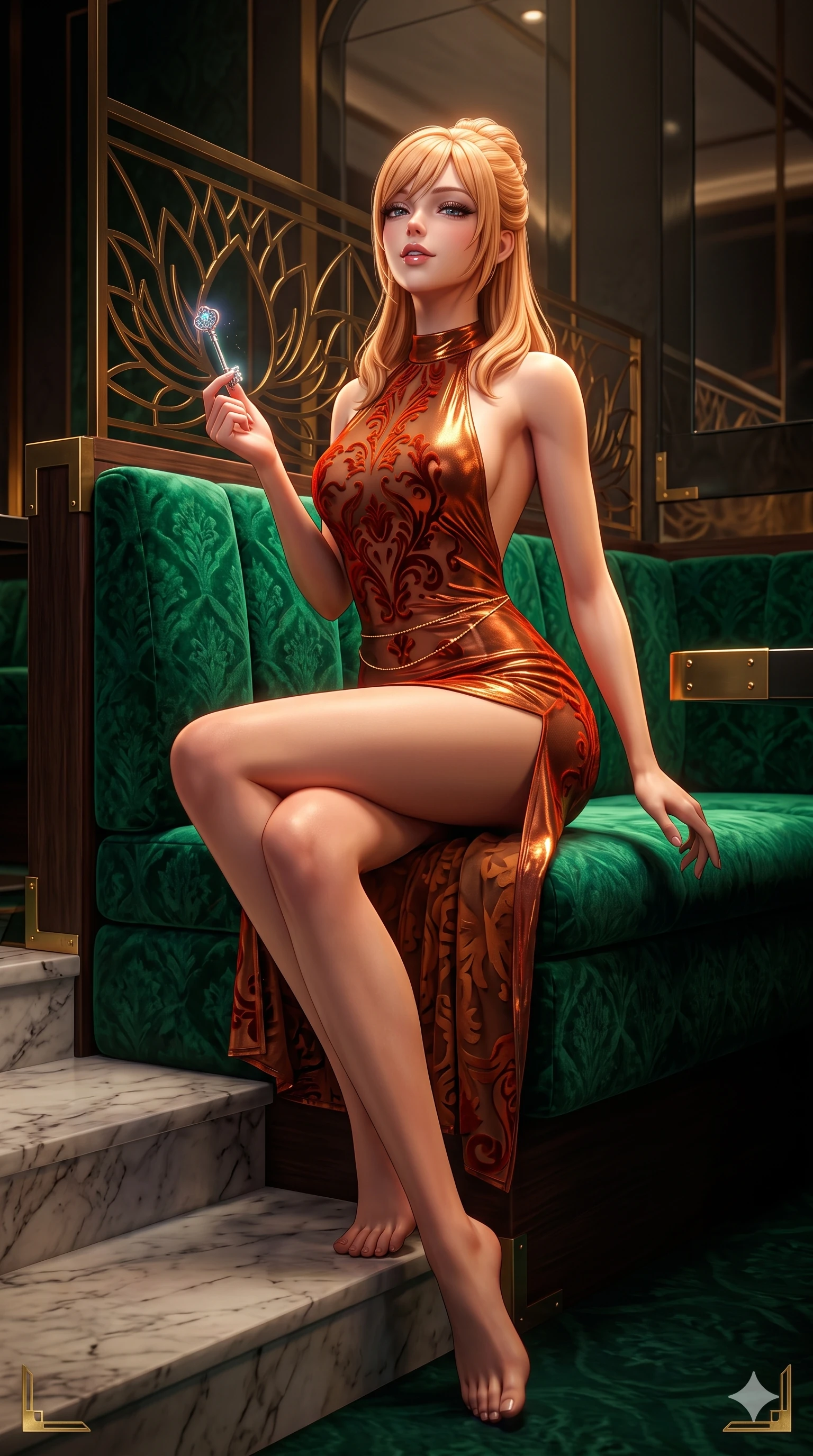 score_9, masterpiece, best quality, ultra-detailed, high-budget anime keyframe, semi-realistic 3D game render, editorial fashion photography, tasteful artistic composition, Caucasian woman. low angle full-body shot from head to toe showing her feet, filling the entire 9:16 vertical frame with her statuesque presence, stretching her vertical silhouette. sitting poised on the Carrara marble steps with one knee bent, arching her spine with supermodel elegance as she glances upward through thick eyelashes while sitting poised in a plush emerald velvet booth with legs crossed, holding a glowing cryptographic key while flashing a subtle, dangerous smile. The surrounding environment is rendered in vivid detail and crisp panoramic clarity: sharp brass lotus screen filigree cuts, mirror reflections on smoked glass, and crisp brass corner brackets in deep focus. She has an exceptionally tall and slender model-like 8.5-heads proportion, an ultra-slim waist, a flat toned midriff, narrow delicate ribcage, and beautifully sculpted feminine hips creating a graceful, slim hourglass silhouette without any bulky heaviness, with impossibly long slender legs. sharp v-shaped jawline, high-bridge nose, intricate jewel-like sparkling eyes with depth, thick eyelashes, glossy parted lips with a natural sheen, intensely captivating and seductive bedroom-eyes expression, exuding both youthful cute charm and sovereign luxury allure, flawlessly proportioned anatomical accuracy, strict slender model proportions, natural body alignment, perfectly sculpted long slender limbs, ultra-slim waistline, clean dynamic posture without body distortion. wearing an alluring backless metallic lamé halterneck mini dress with deep scoop back down to her lower spine and thigh-high slit in imperial vermilion silk and warm bronze, made of sheer contouring power-mesh with velvet flocking patterns, accented with a dainty gold belly chain resting across her flat midriff and curving hips, the liquid-tight tailored fabric clinging flawlessly to her narrow waist and rounded feminine hips, emphasizing every millimeter of her sculpted slim hourglass curves without any bulky heaviness. bathed in low-key, high-contrast chiaroscuro lighting with narrow amber and gold spotlights on the table. highly saturated vibrant anime colors, detailed shading with soft gradients, rich glossy textures, high-contrast stereoscopic depth, volumetric dynamic lighting, master piece, 9:16 ratio