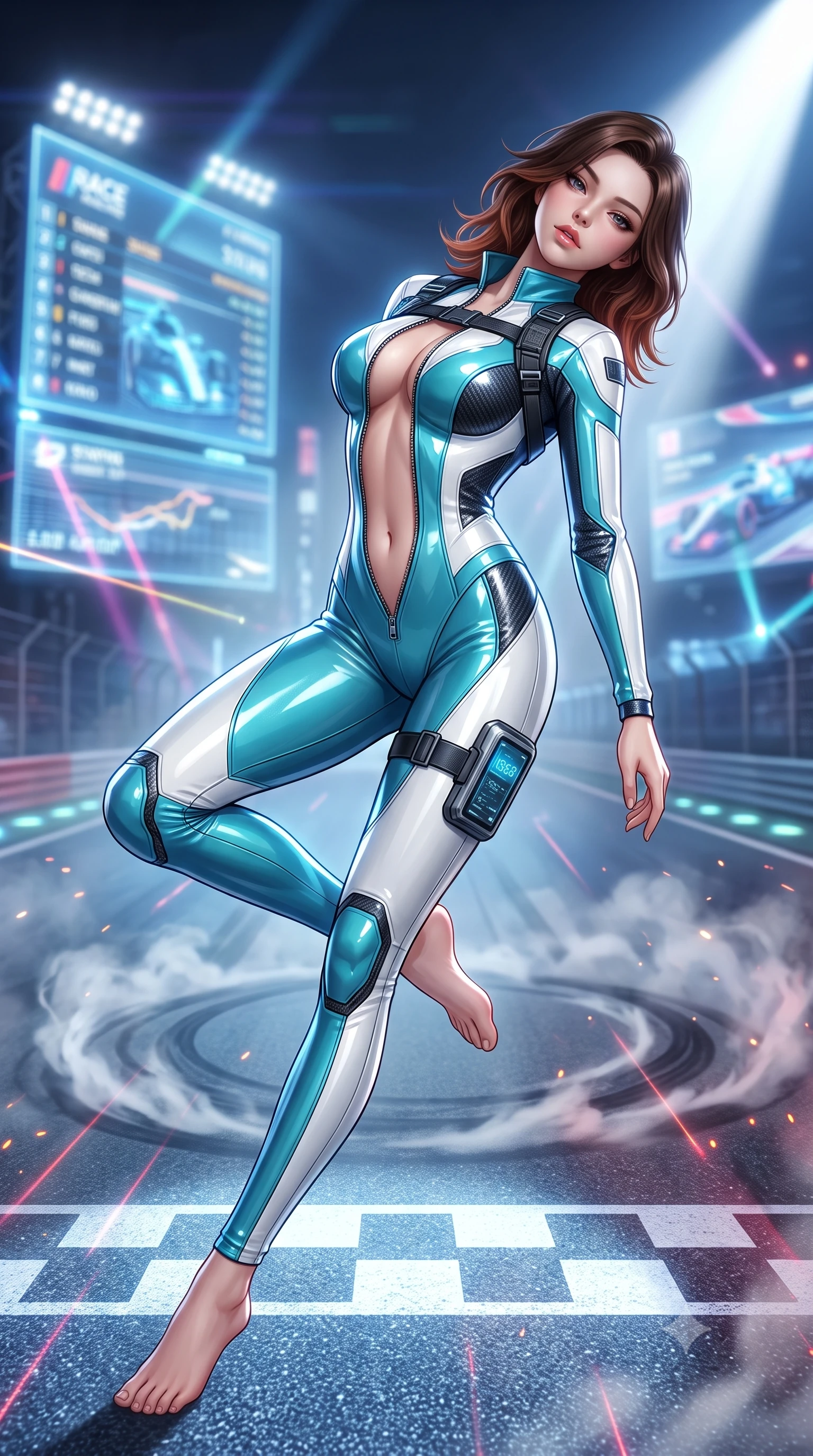 score_9, masterpiece, best quality, ultra-detailed, high-budget anime keyframe, semi-realistic 3D game render, editorial fashion photography, tasteful artistic composition, Korean woman. low angle full-body shot from head to toe showing her feet, filling the entire 9:16 vertical frame with her statuesque presence, stretching her vertical silhouette. reclining back languidly with one knee bent and spine arched in a breathtaking dancer line, commanding the entire 9:16 vertical frame while posing boldly at the center of the illuminated starting grid as giant holographic jumbotrons flash behind her. The composition keeps background elements in soft focus with creamy bokeh. swirling smoke rings and burning rubber particulate catching laser beam motes across the circuit. She has an absolutely perfect, statuesque 8.5-heads proportion, an exceptionally tall and slender model-like female figure with impossibly long slender legs, a toned flat midriff, and an ultra-slim waist. sharp v-shaped jawline, high-bridge nose, intricate jewel-like eyes with depth, thick eyelashes, glossy parted lips with a natural sheen, intensely captivating and seductive expression, flawlessly proportioned anatomical accuracy, strict slender model proportions, natural body alignment, perfectly sculpted long slender limbs, ultra-slim waistline, clean dynamic posture without body distortion. wearing a high-gloss patent leather racing catsuit with an open front zipper and high stand collar in racing aqua blue and stark white, formed from ultra-sleek carbon-fiber reinforced composite with specular sheen, equipped with a sleek thigh-mounted telemetry display and tactical harness, the athletic second-skin cut highlighting her toned flat midriff and slender model proportions during dynamic action. bathed in dynamic color-shifting LED race lights and sweeping white spotlight fill. highly saturated vibrant anime colors, detailed shading with soft gradients, rich glossy textures, high-contrast stereoscopic depth, volumetric dynamic lighting, master piece, 9:16 ratio