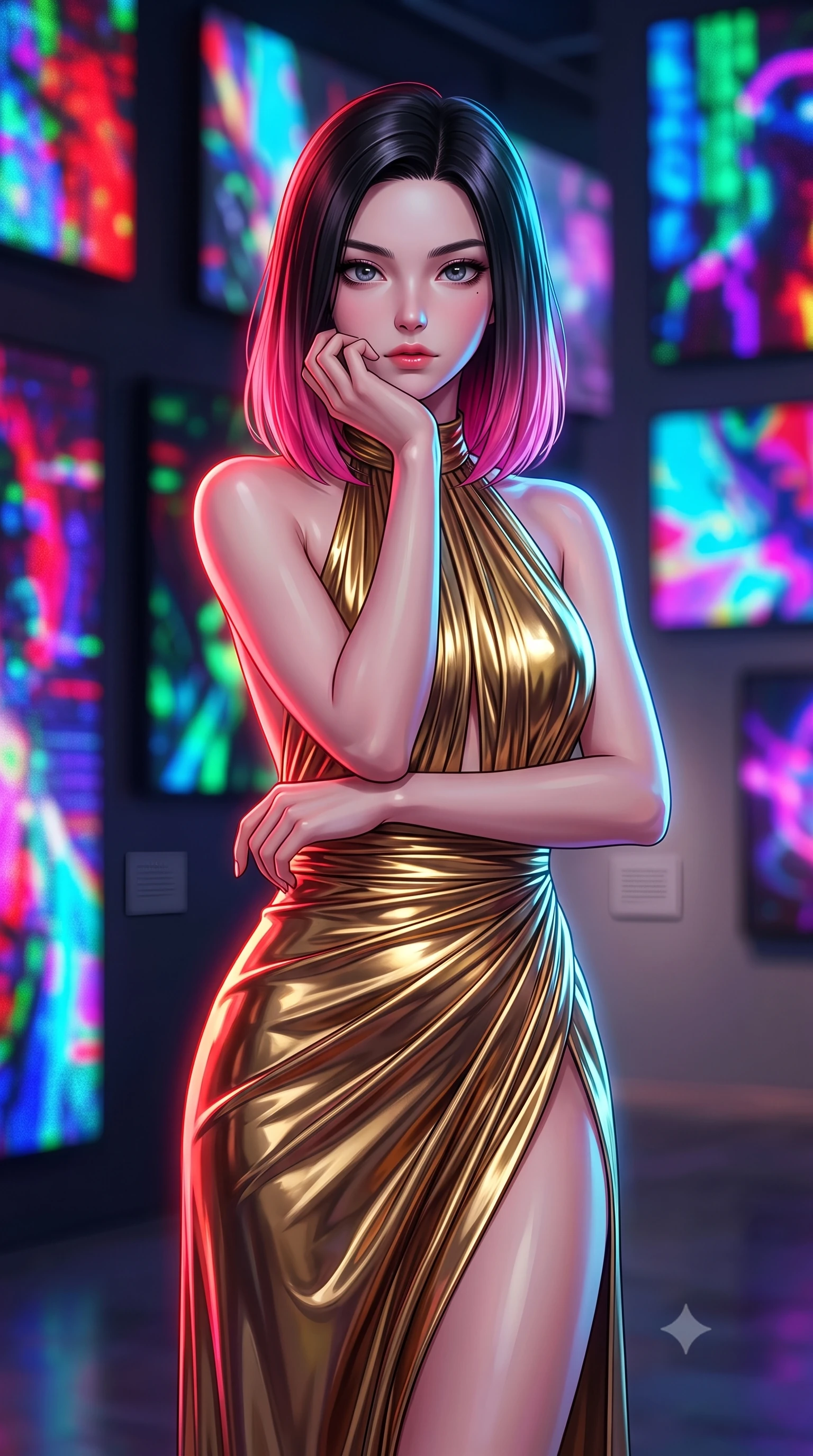 score_9, masterpiece, best quality, ultra-detailed, high-budget anime keyframe, editorial fashion photography, tasteful artistic composition, Korean woman woman. close-up cowboy shot from the waist and thighs up, the character dominates the composition, filling the frame with her large presence, background elements kept in soft focus. She has an exceptionally elegant, slender, and willowy female figure with an ultra-slim waist, a gracefully sculpted slender torso, and a refined silhouette. resting her chin on the back of her fingers in a thoughtful and effortless pose, flawlessly proportioned anatomical accuracy, natural body alignment, perfectly sculpted elegant limbs, clean dynamic posture without body distortion. set against a soft-focus background of a high-end gallery with RGB noise digital canvas displays. wearing a backless metallic gold halter gown with a daring high side slit to mid-thigh. bathed in dynamic shifting RGB neon lights creating dramatic high-contrast rim light. highly saturated vibrant anime colors, detailed shading with soft gradients, rich glossy textures, high-contrast stereoscopic depth, volumetric dynamic lighting, master piece, 9:16 ratio