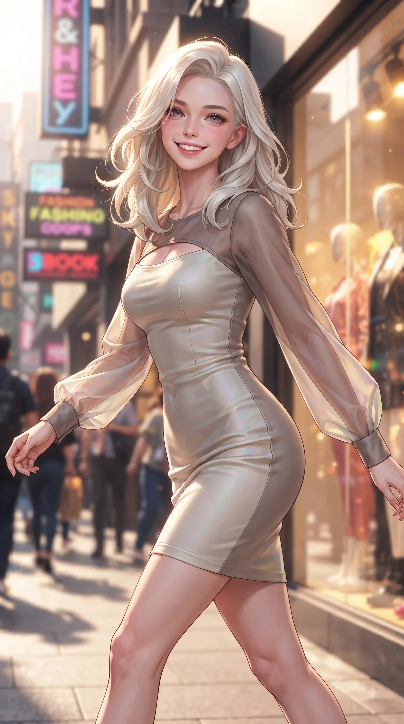 score_9, masterpiece, best quality, ultra-detailed, high-budget anime keyframe, editorial fashion photography, tasteful artistic composition, Caucasian woman. close-up cowboy shot from the waist and thighs up, the character dominates the composition, filling the frame with her large presence, background elements kept in soft focus. Cheerful beaming smile with sparkling eyes and a fresh girlhood aura, leaning forward with playful grace while pivoting in a stylish stride under neon shop signs as urban sunbeams illuminate her cute smile, trendy fashion window displays reflecting golden afternoon sunlight vividly. She has an exceptionally elegant, slender, and willowy female figure with an ultra-slim waist, a gracefully sculpted slender torso, and a refined silhouette. sharp v-shaped jawline, high-bridge nose, intricate jewel-like eyes with depth, thick eyelashes, glossy lips with a natural sheen, flawlessly proportioned anatomical accuracy, natural body alignment, perfectly sculpted elegant limbs, clean dynamic posture without body distortion. wearing a sleek bodycon knit dress with strategic sheer organza sleeve panels in muted taupe and soft ivory, crafted from iridescent chiffon that shifts colors in the light, accented with a Tasteful chest slit framing her clavicle gracefully, the elegant draped fit framing her graceful clavicle and slender torso. surrounded by a lively, trendy street aura with rich specular highlights. ultra-reflective glossy finish, specular highlights, metallic sheen, high-contrast stereoscopic depth, volumetric dynamic lighting, 2k, ultra detail, master piece, 9:16 ratio