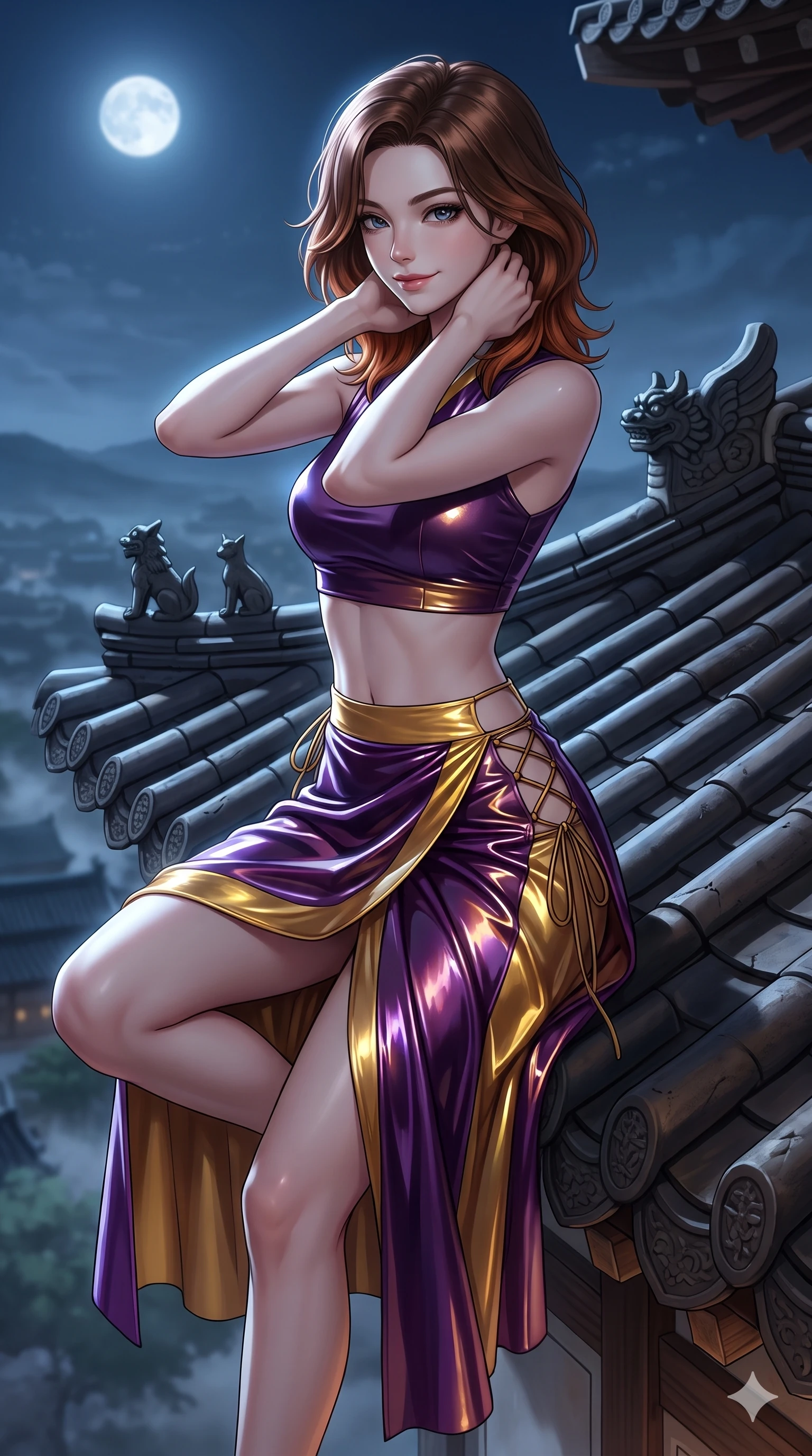 score_9, masterpiece, best quality, ultra-detailed, high-budget anime keyframe, semi-realistic 3D game render, editorial fashion photography, tasteful artistic composition, Korean woman. close-up cowboy shot from the waist and thighs up, the character dominates the composition, filling the frame with her large presence. resting both hands lightly behind her neck with elbows raised, arching her spine to highlight her narrow waist, flat midriff, and breathtaking collarbones while perched on the curved hip of the clay-tiled palace roof with one knee drawn up, looking down at the moonlit kingdom with fearless bedroom-eyes. The surrounding environment is rendered in vivid detail and crisp panoramic clarity: sharp clay roof tile seams, carved ceramic ridge guardian figures (japsang), and night wind mist streaks in deep focus. She has an exceptionally elegant, slender, and willowy female figure with an ultra-slim waist, flat toned midriff, narrow ribcage, and sculpted feminine hips creating an alluring, slim hourglass silhouette without bulk. sharp v-shaped jawline, high-bridge nose, sparkling eyes with hypnotic seductive depth, thick curled eyelashes, glossy parted lips with a natural dewy peach sheen, alluring bedroom-eyes with an enchanting coquettish smile, exuding magnetic siren charisma and sophisticated glamour, flawlessly proportioned anatomical accuracy, strict slender model proportions, natural body alignment, perfectly sculpted long slender limbs, ultra-slim waistline, clean dynamic posture without body distortion. wearing an alluring low-slung modern hanbok wrap skirt with bare waist flanks and delicate silk cord ties in imperial gold and royal plum purple, crafted from wet-look high-gloss vinyl fabric with dazzling specular surface reflections, featuring fine criss-cross lace-up side ties revealing tantalizing glimpses of her hip curve, the high-slit wrap tailoring accentuating her ultra-slim waistline and the enchanting curve of her feminine hips with alluring seductive charm. bathed in high-contrast unhindered celestial moonlight casting crisp geometric shadows across curved clay tiles. highly saturated vibrant anime colors, detailed shading with soft gradients, rich glossy textures, high-contrast stereoscopic depth, volumetric dynamic lighting, master piece, 9:16 ratio