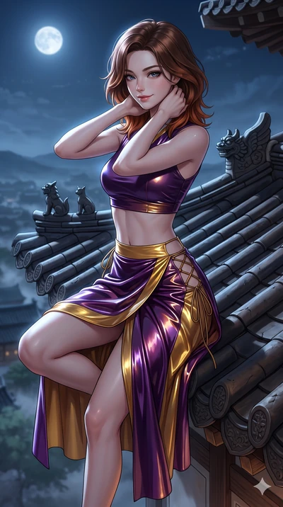 Korean woman. close-up cowboy shot from the waist and thighs up, the characte.