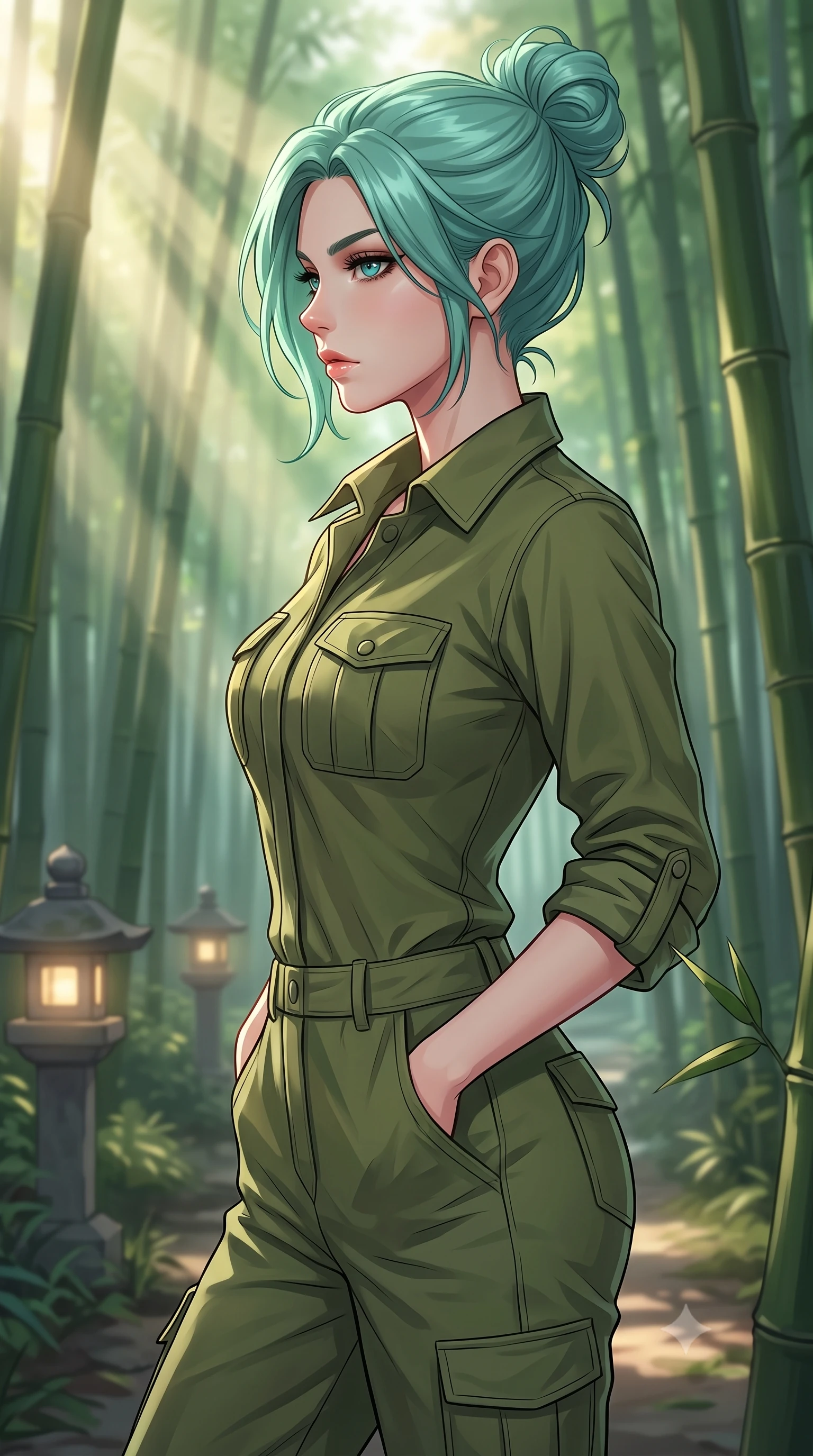 score_9, masterpiece, best quality, ultra-detailed, high-budget anime keyframe, tasteful artistic composition, Japanese woman. close-up cowboy shot from the waist and thighs up, the character dominates the composition, filling the frame with her large presence, background elements kept in soft focus. turning her face in sharp profile, casting a cold, mysterious, yet intensely alluring side gaze, the background shows a soft-focus a secluded bamboo forest path lit by stone lanterns at dawn. She has an exceptionally elegant, slender, and willowy female figure with an ultra-slim waist, a gracefully sculpted slender torso, and a refined silhouette. sharp v-shaped jawline, high-bridge nose, intricate jewel-like eyes with depth, thick eyelashes, glossy lips with a natural sheen. wearing a form-contouring comfortable olive green cotton utility jumpsuit with a structured collar and rolled-up sleeves. soft morning sunrays slicing through the bamboo stalks, creating volumetric rays. highly saturated vibrant anime colors, cel-shading, 2d style, master piece, 9:16 ratio