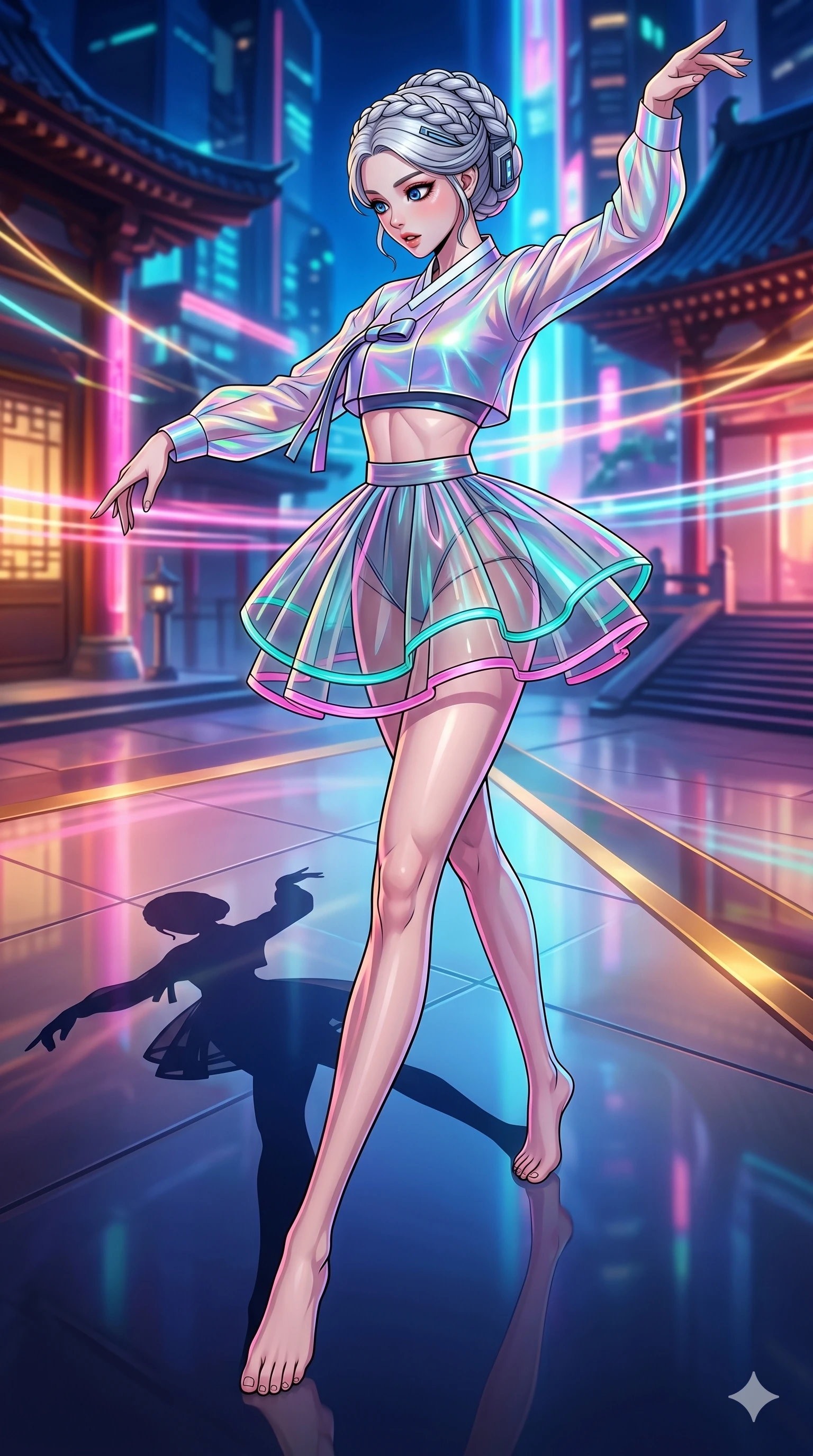 score_9, masterpiece, best quality, ultra-detailed, high-budget anime movie keyframe, cinematic anime lighting, intricate line art, Korean woman. Dynamic full-body shot stretching the vertical silhouette with extreme perspective. dancing with her own shadow which has come to life and mimics her. She has an absolutely perfect 8-heads proportion, an exceptionally tall and slender female figure with an ultra-slim waist and impossibly long slender legs. strictly human anatomy, two legs only, no extra limbs, clearly defined legs and arms, perfect anatomy, perfect hands and fingers. sharp v-shaped jawline, high-bridge nose, intricate jewel-like eyes, thick eyelashes, glossy lips. Wearing Modern Traditional: Shortened cyber-hanbok with fusion silk robes and transparent panels. The scene is illuminated by dramatic atmospheric lighting and vibrant color palettes. , 2k, ultra detail, master piece, 9:16 ratio