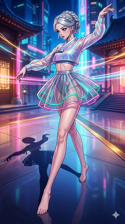 score_9, masterpiece, best quality, ultra-detailed, high-budget anime movie keyframe, cinematic anime lighting, intricate line art, Korean woman. Dynamic full-body shot stretching the vertical silhouette with extreme perspective. dancing with her own