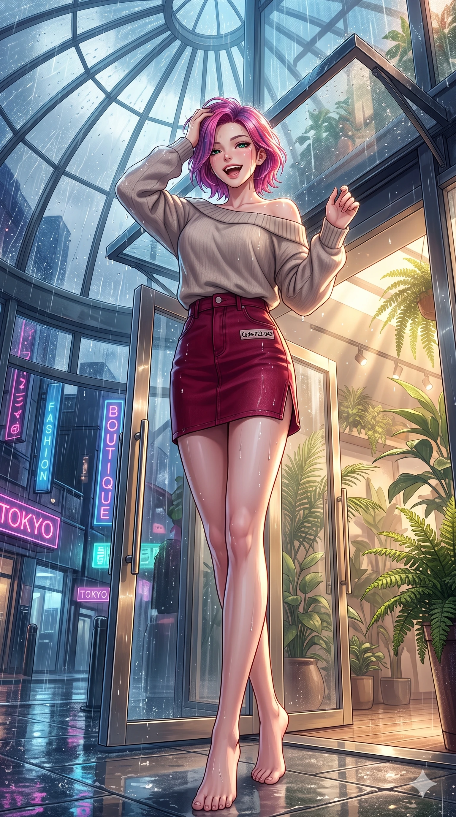 score_9, masterpiece, best quality, ultra-detailed, high-budget anime keyframe, vibrant anime aesthetic, Caucasian woman, strictly human ears. low angle full-body shot from head to toe showing her feet, filling the entire 9:16 vertical frame with her statuesque presence, stretching her vertical silhouette. She is laughing happily while running her fingers through her hair in the rain, with her eyes bright and full of life under the glass conservatory dome. by the entrance of a high-fashion boutique with a glass awning, overlooking rain-slicked city streets reflecting neon signs (Code-P22-042). She has an absolutely perfect 8-heads proportion, an exceptionally tall and slender female figure with impossibly long slender legs and an ultra-slim waist. V-shaped jawline, high-bridge nose, intricate jewel-like eyes with depth, thick eyelashes, glossy lips with a natural sheen. wearing an off-shoulder oversized sweater paired with a refined side vent denim skirt in deep crimson. She is bathed in volumetric morning sunbeams piercing through rain clouds, accentuating her slender silhouette in the cozy indoor garden. 2k, ultra detail, master piece, 9:16 ratio