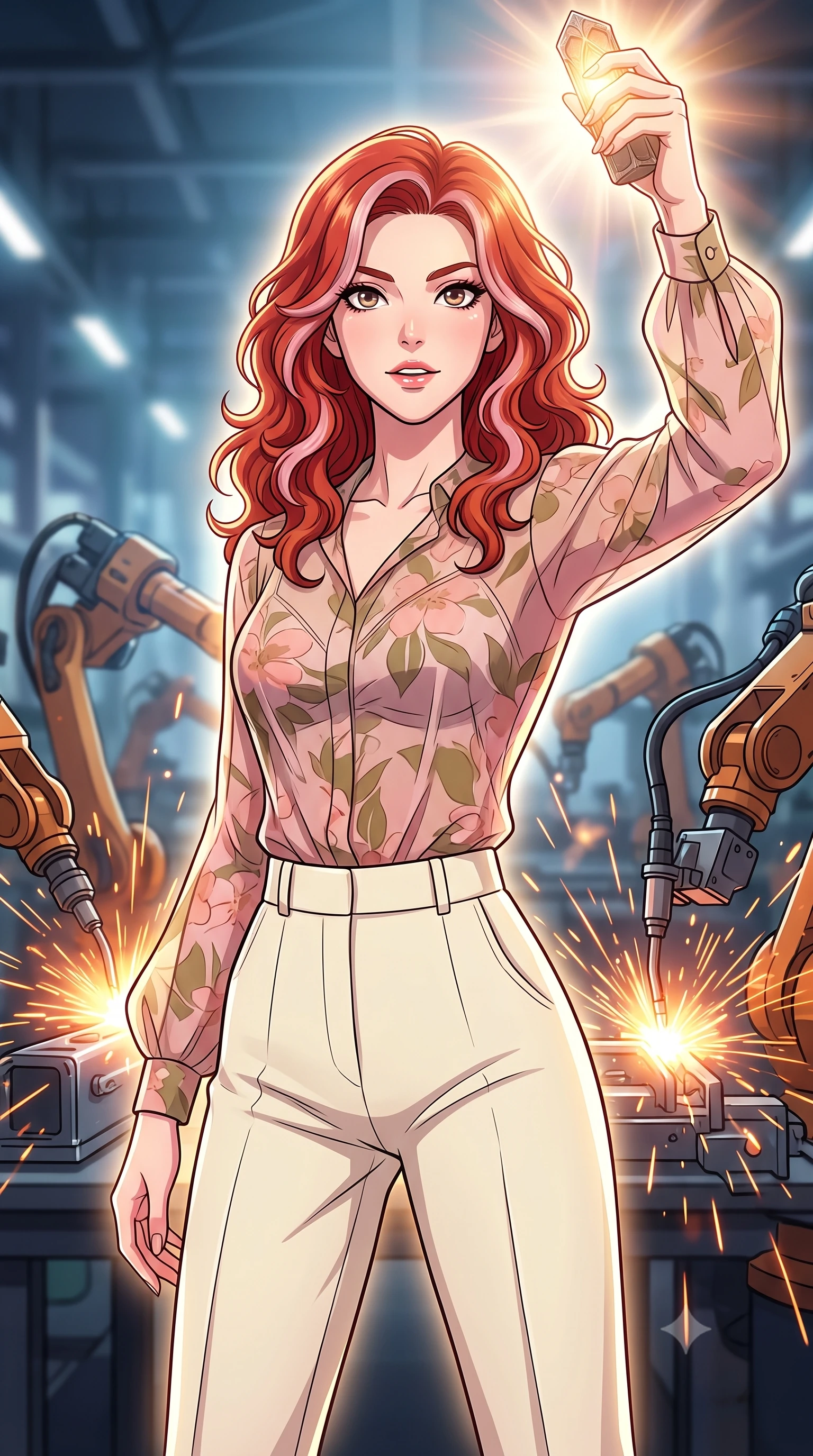 score_9, masterpiece, best quality, ultra-detailed, high-budget anime keyframe, clean line-art, cel-shading, Caucasian woman, strictly human ears. close-up cowboy shot from the waist and thighs up, the character dominates the composition, filling the frame with her large presence, background elements kept in soft focus. Holding a glowing relic aloft with a triumphant, commanding expression. set against a soft-focus background of a factory floor filled with robotic arms welding metal parts, sparks flying in showers of hot orange light. She has an exceptionally elegant and slender, willowy female figure with an ultra-slim waist, a gracefully sculpted slender torso, and a refined slim physique. sharp v-shaped jawline, high-bridge nose, intricate jewel-like eyes with depth, thick eyelashes, glossy lips with a natural sheen. wearing tailored for maximum mobility, sleek form-contouring panels that allow fluid movement, a form-contouring sheer floral-print chiffon blouse in soft pink and olive tones, paired with high-waisted cream trousers. dramatic backlight creating a radiant halo effect around her entire silhouette. highly saturated vibrant anime colors, intense vivid color palette, volumetric dynamic lighting, 2k, ultra detail, master piece, 9:16 ratio